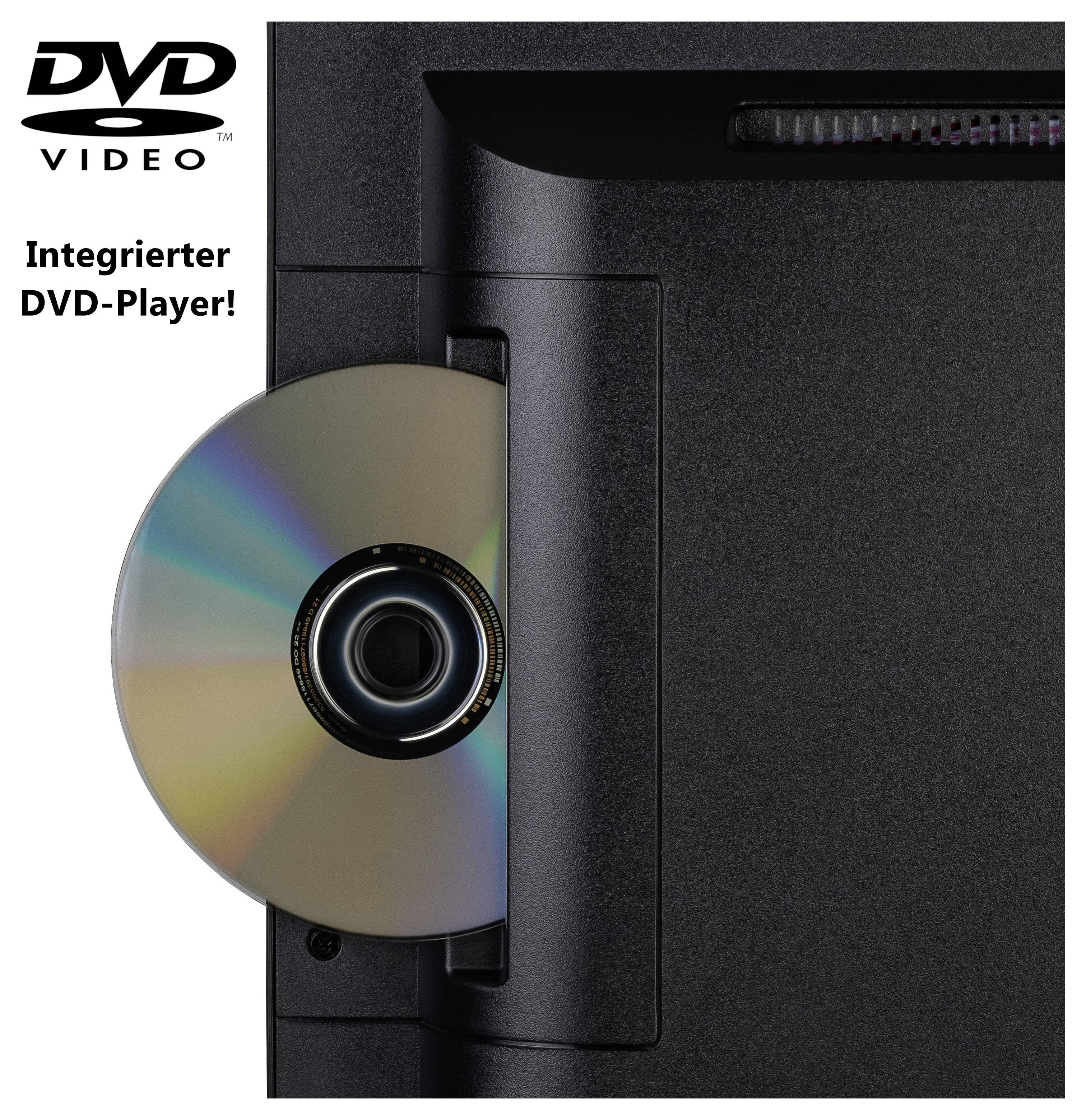 Werbebild eines schwarzen DVD-Players mit einer teilweise eingeführten Disc, beschriftet mit "DVD VIDEO" und "Integrierter DVD-Player!" und zeigt damit einen integrierten DVD-Player an.