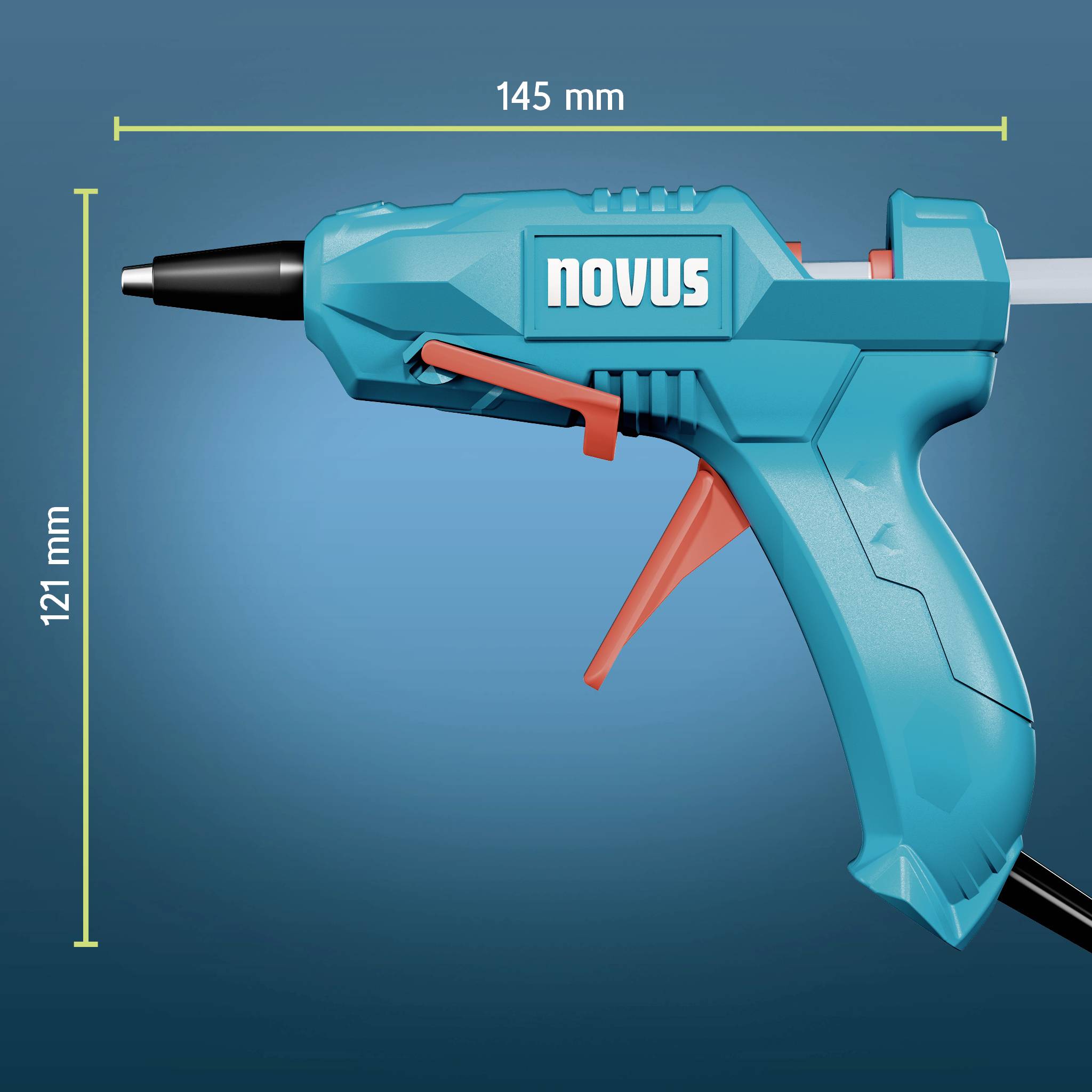 Blaue NOVUS Heißklebepistole mit orangefarbenem Abzug, in der Seitenansicht dargestellt mit markierten Abmessungen von 145 mm Breite und 121 mm Höhe.