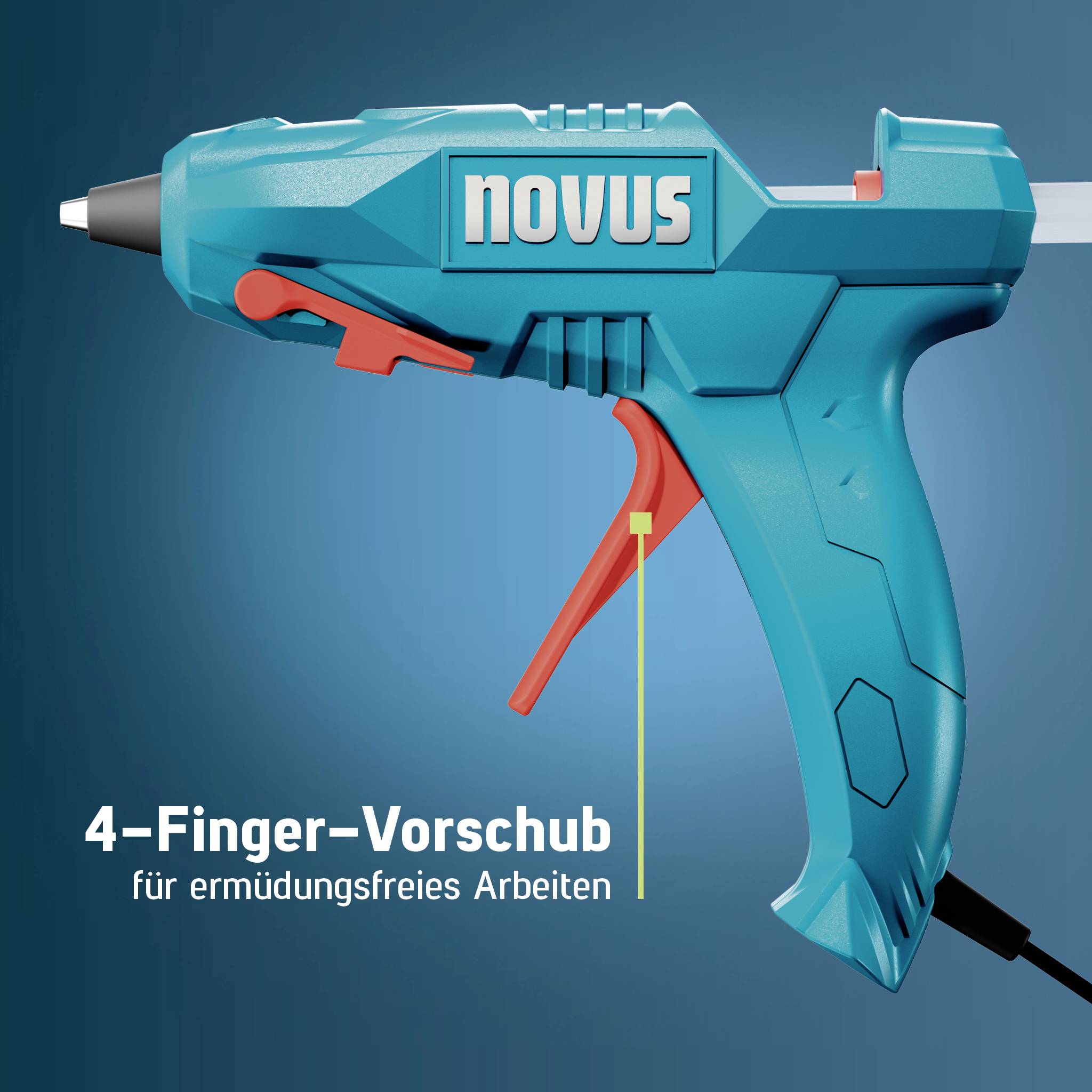 Blue NOVUS Heißklebepistole mit rotem 4-Finger-Abzug; deutscher Text besagt „4-Finger-Vorschub für ermüdungsfreies Arbeiten", was ermüdungsfreies Arbeiten bedeutet.