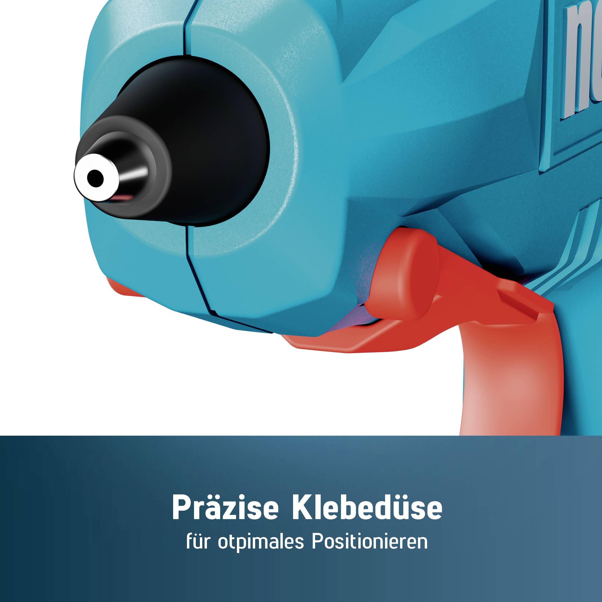 Nahaufnahme einer blau-roten Klebepistolendüse mit deutschem Text: 'Präzise Klebedüse für optimales Positionieren' (Präzise Klebedüse für optimales Positionieren).