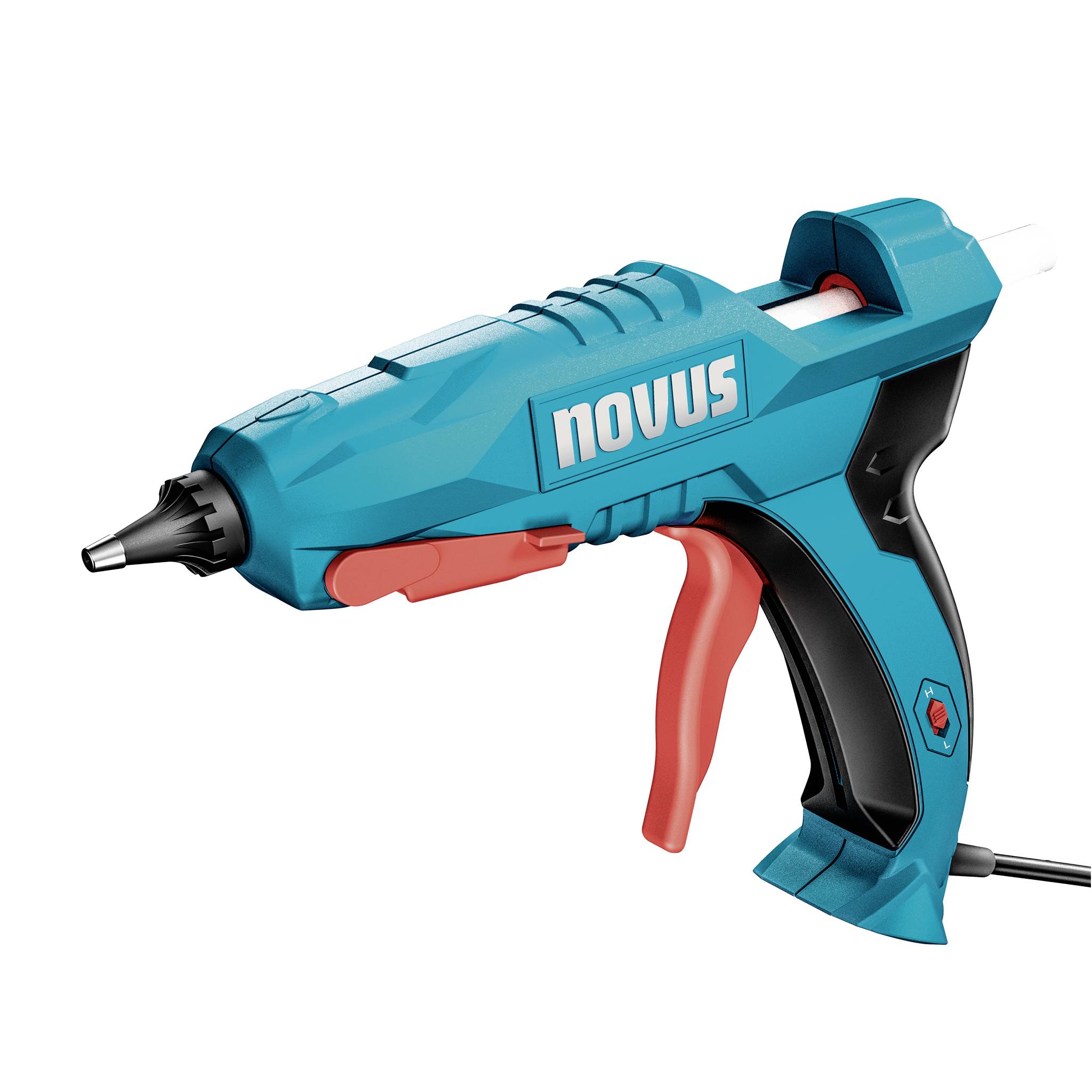 Blauschwarze Heißklebepistole mit rotem Auslöser und "novus"-Logo, auf weißem Hintergrund dargestellt.