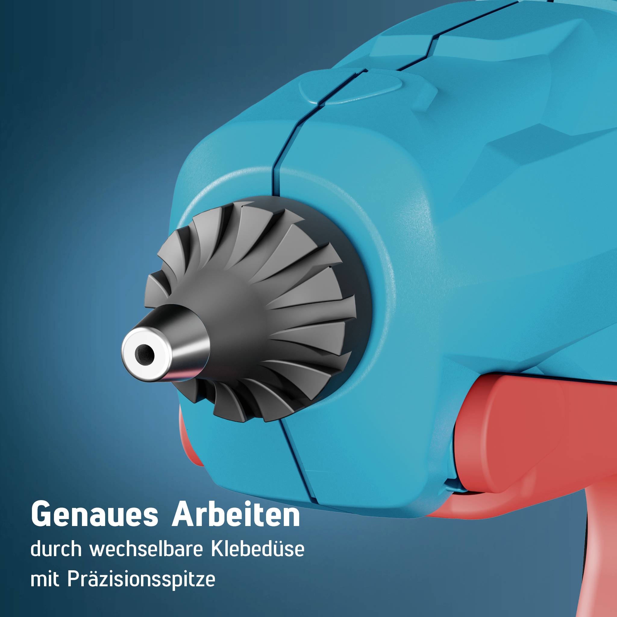 Nahaufnahme eines blauen tragbaren Werkzeugs mit schwarzer Klebstoffnozzle und Präzisionsspitze, beschriftet auf Deutsch: „Exakte Arbeit durch austauschbare Klebstoffnozzle mit Präzisionsspitze".