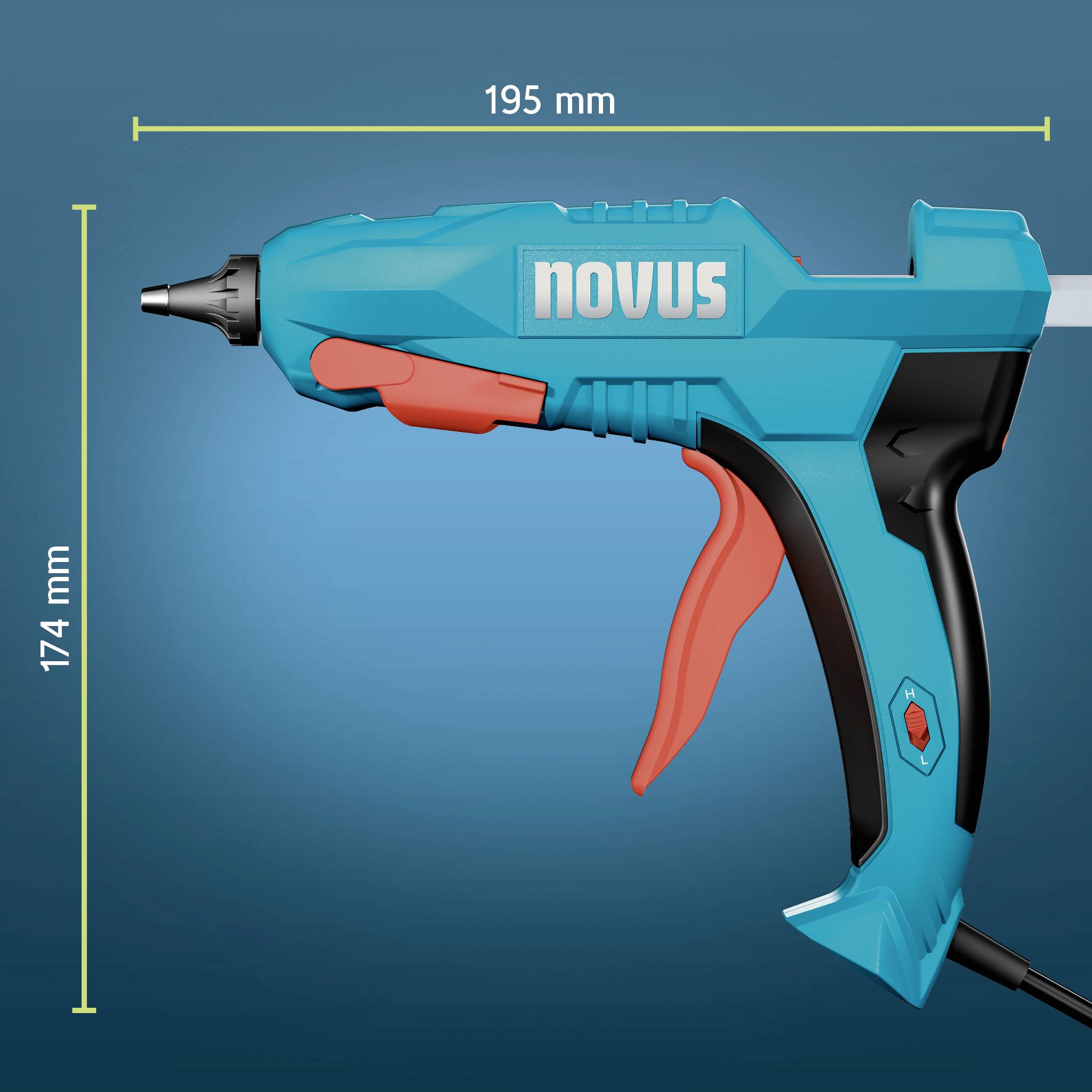 Seitenansicht einer blau-orangefarbenen Heißklebepistole mit der Bezeichnung „novus", dargestellt mit Abmessungen von 195 mm Länge und 174 mm Höhe.