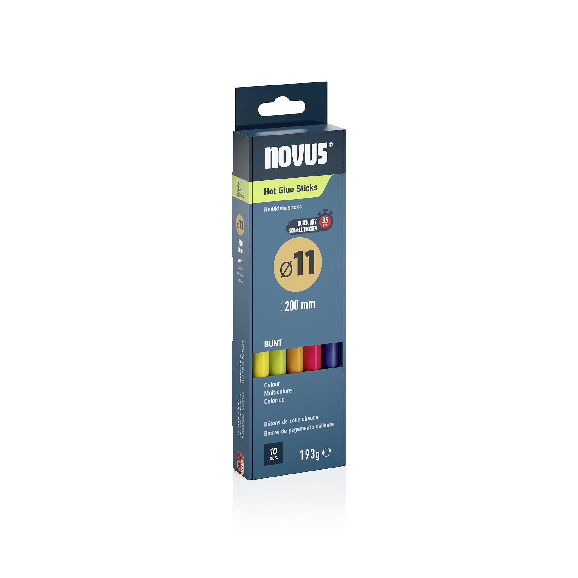 Novus-Heißklebestift-Set, Größe 11 mm x 200 mm, verschiedene Farben, 10 Stück, 193 g.