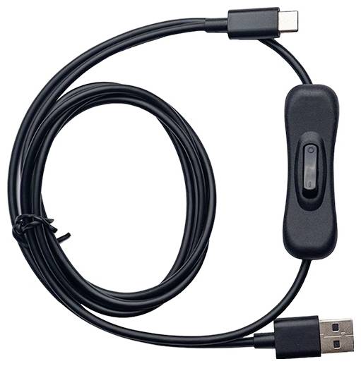 Schwarzes USB-Kabel mit integriertem Ein-/Ausschalter, USB-C-Anschluss auf der einen Seite und USB-A-Anschluss auf der anderen Seite.