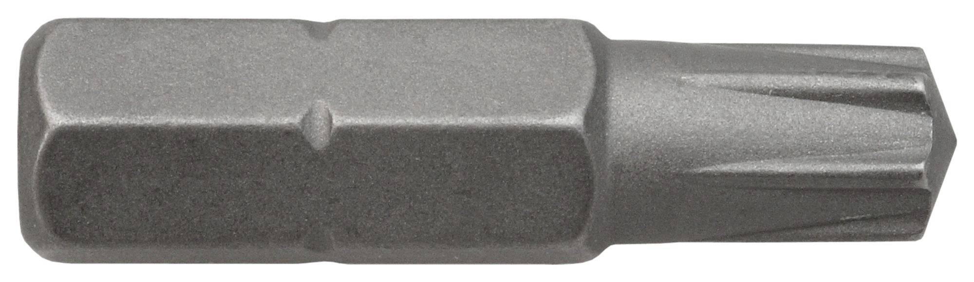 Nahaufnahme einer metallischen Schraubendreherbit mit sechskantiger Schaftform und Phillips-Spitze, horizontal auf weißem Hintergrund dargestellt.