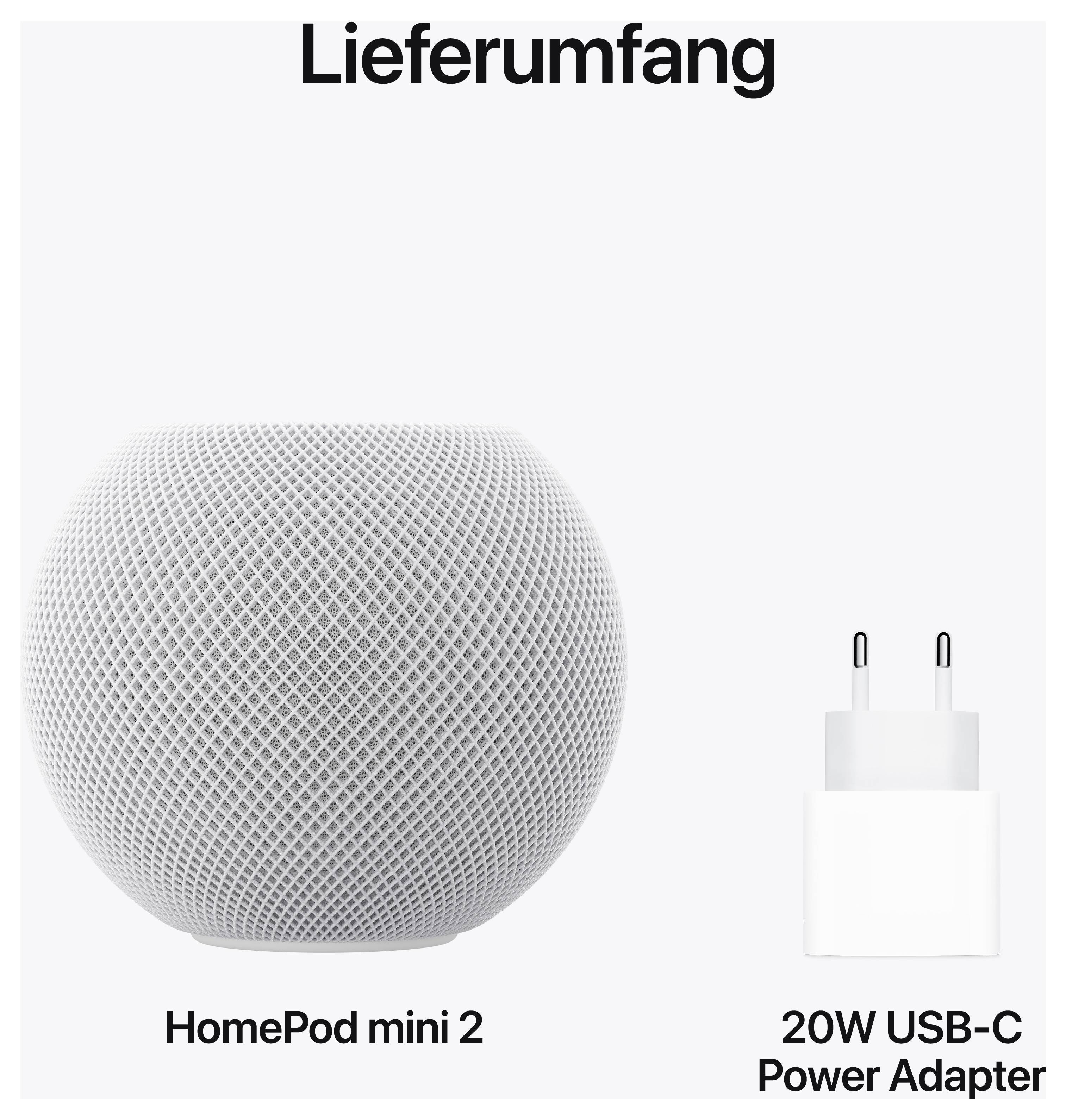 Lieferumfang: HomePod mini 2 und 20W USB-C Power Adapter.