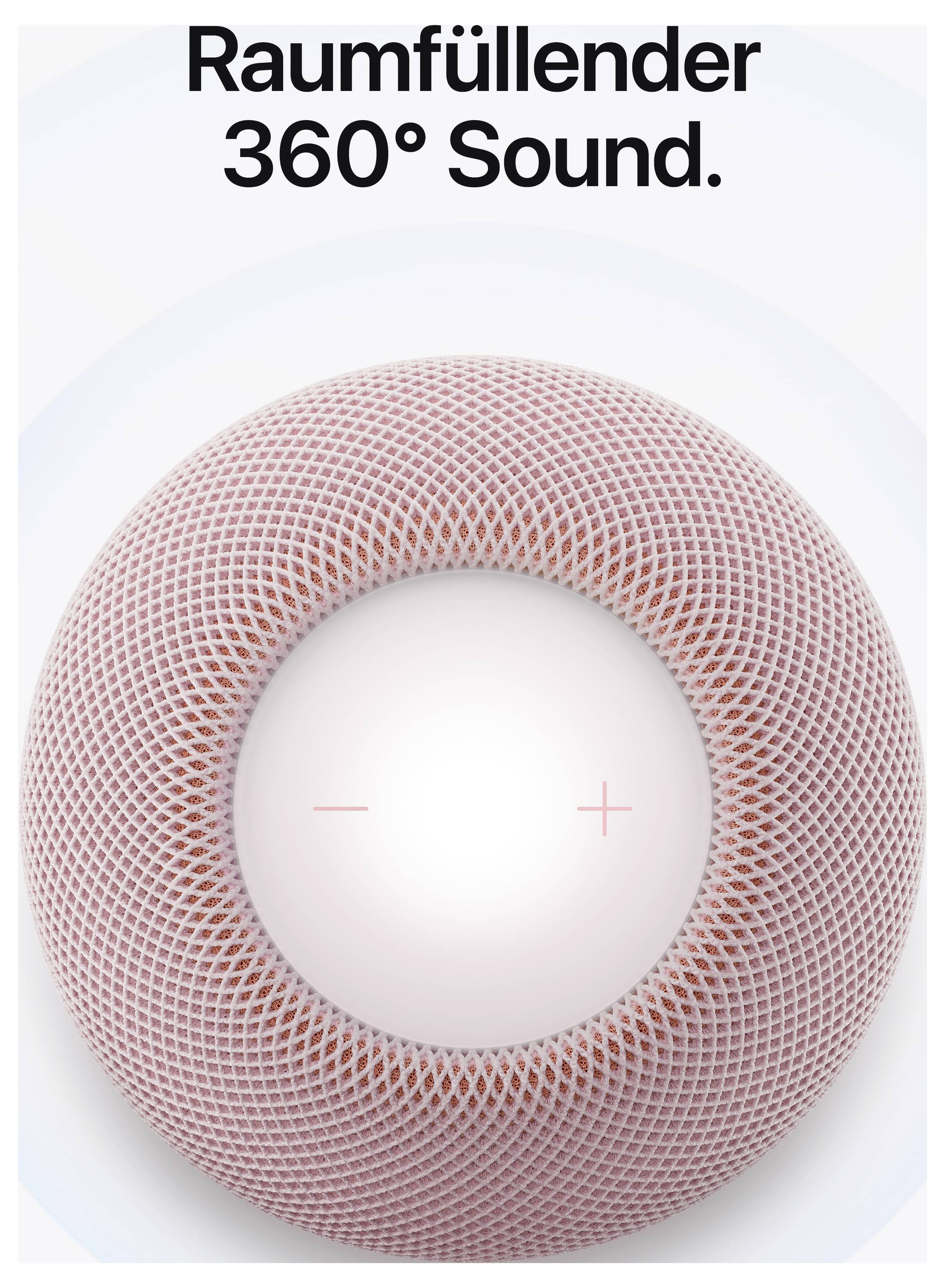 Werbegrafik mit Ringlautsprecher und Text 'Raumfüllender 360° Sound.'<br>