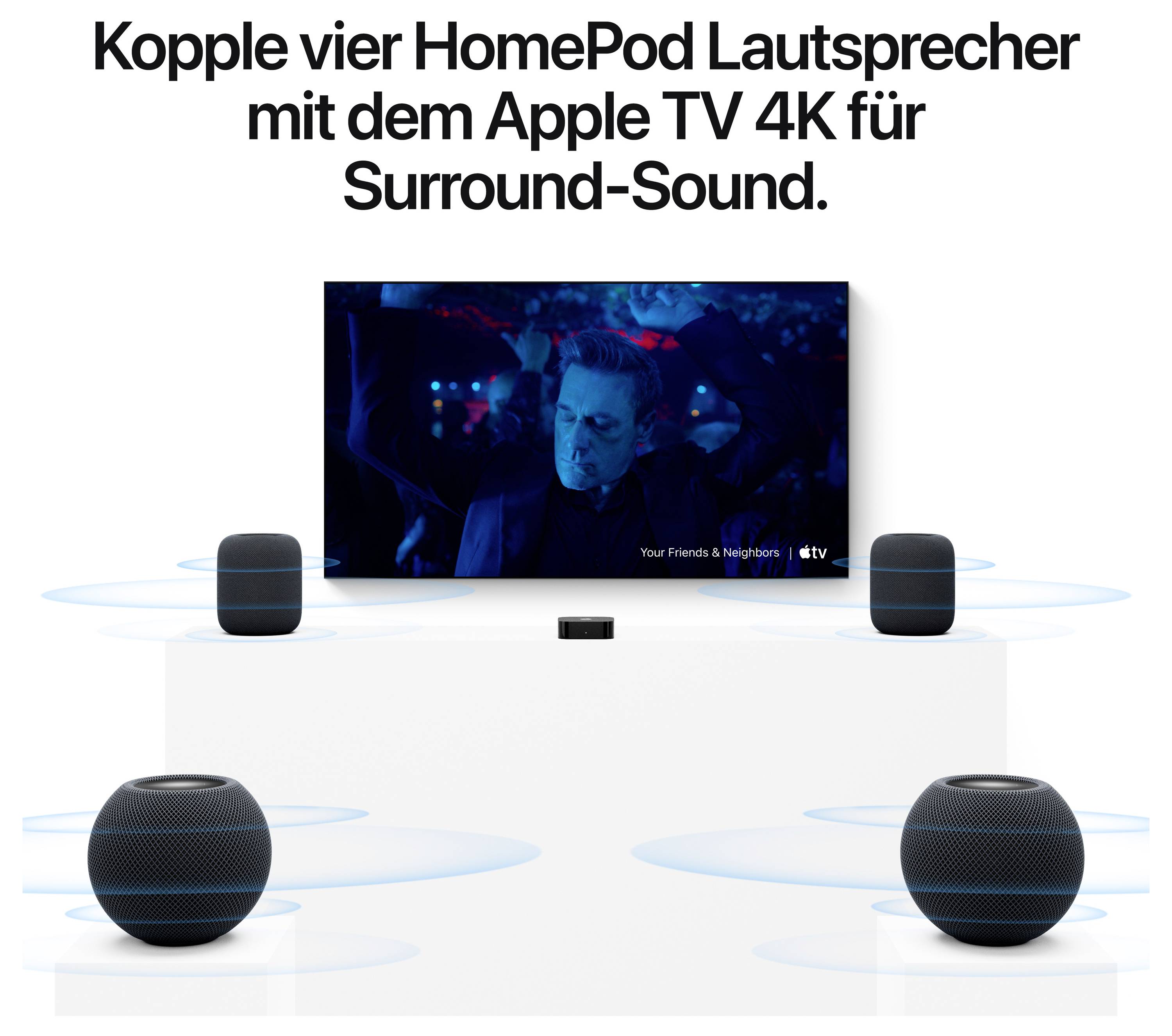 Werbegrafik: Vier HomePod-Lautsprecher und Apple TV 4K erzeugen Surround-Sound vor einem Fernsehbildschirm.<br>