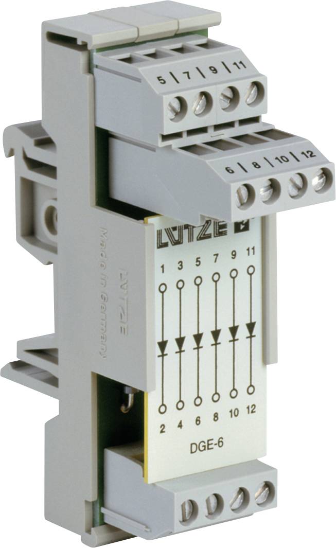 Graues DIN-Schienen-Elektroabschlussmodul mit der Bezeichnung "DGE-6" mit mehreren Schraubklemmen und aufgedrucktem Schaltplan auf der Vorderseite.