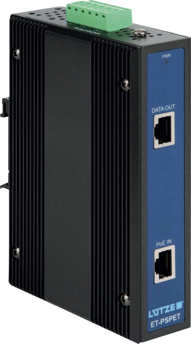 Schwarzes LÜTZE ET-PS/EP Industrial-Ethernet-Gerät mit 'PWR'-Anzeige, 'DATA OUT'- und 'PoE IN'-Anschlüssen und oberem Klemmblock.