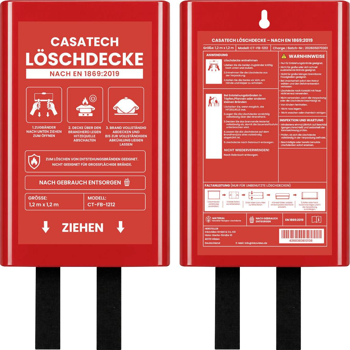 Behälter für rote CASATECH-Brandschutzdecke, von vorne und von hinten gezeigt, mit deutschen Anweisungen, Warnhinweisen, Größen- und Modellangaben sowie einer Beschriftung mit der Aktion "Herunterziehen".