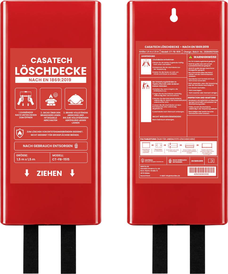 Feuerlöschdecken-Paket in rot gezeigt von vorne und hinten, gekennzeichnet mit 'CASATECH LÖSCHDECKE' mit Gebrauchsanweisungen und Sicherheitswarnungen.