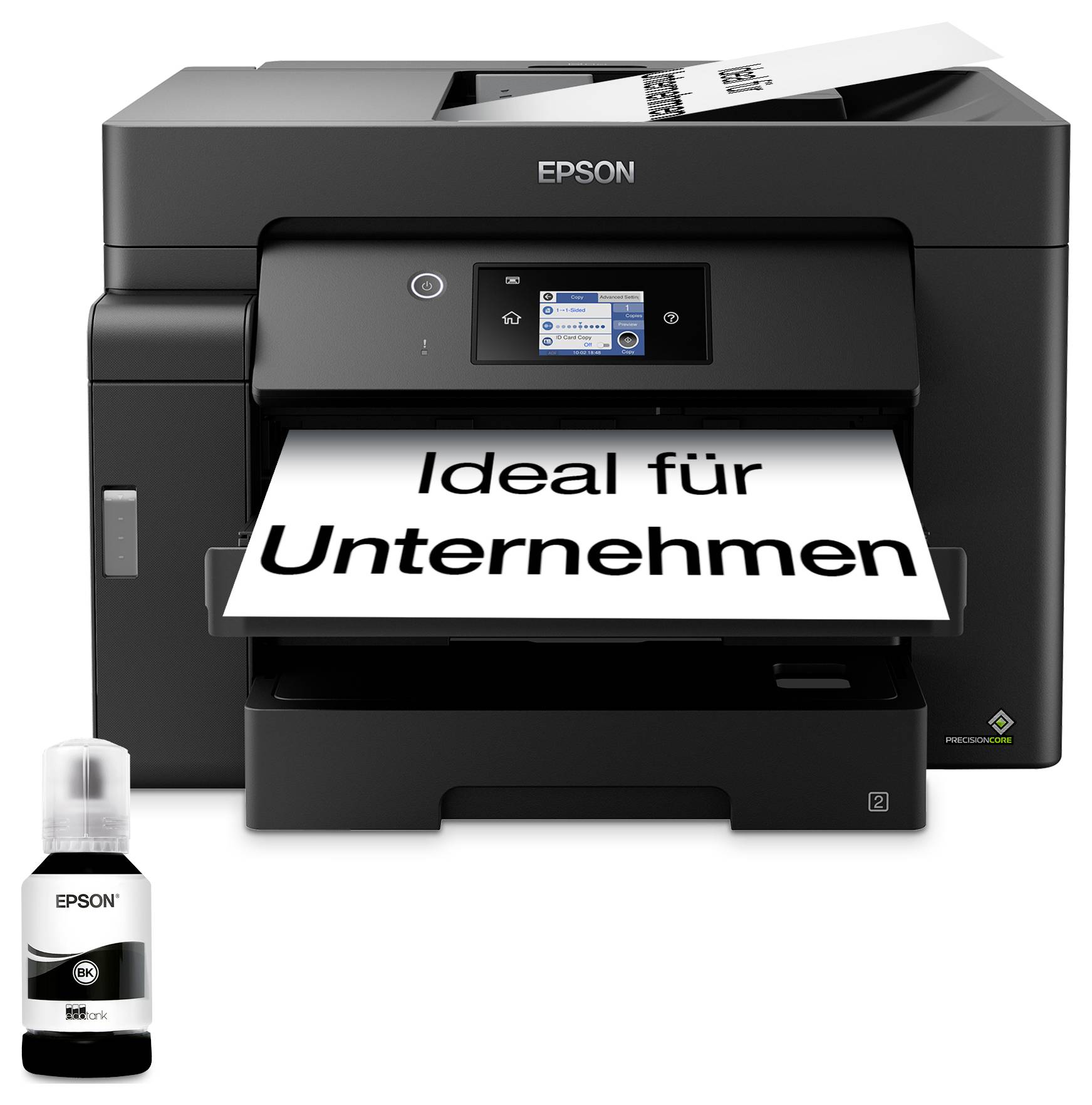 Schwarzer Epson-Drucker druckt ein Blatt mit der Aufschrift "Ideal für Unternehmen", mit einer Nachfülltintenflasche unten links dargestellt.
