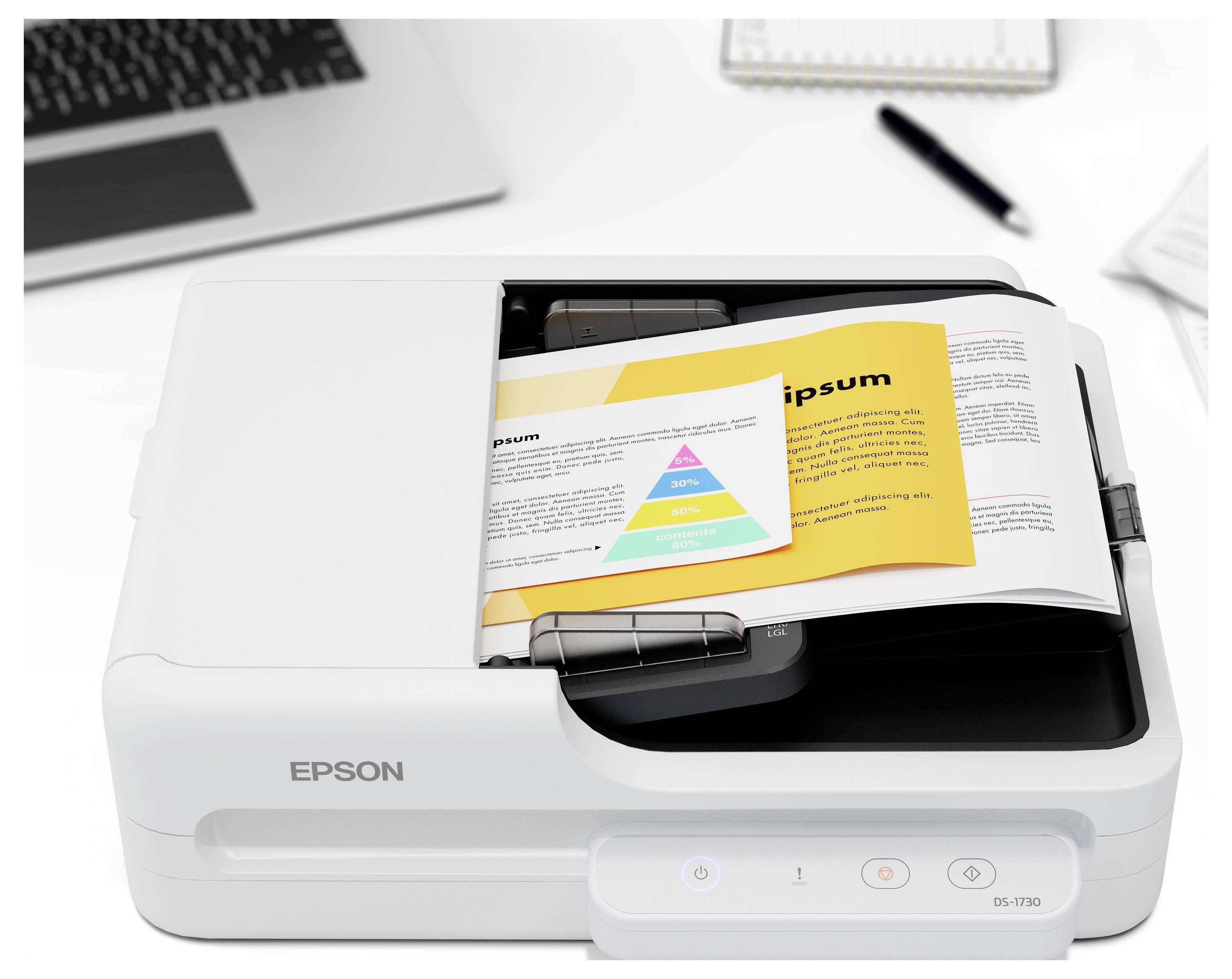 Ein Epson-Scanner mit einem auf dem Glas aufgelegten Dokument, der eine farbenfrohe Diagrammseite auf einem Schreibtisch scannt.