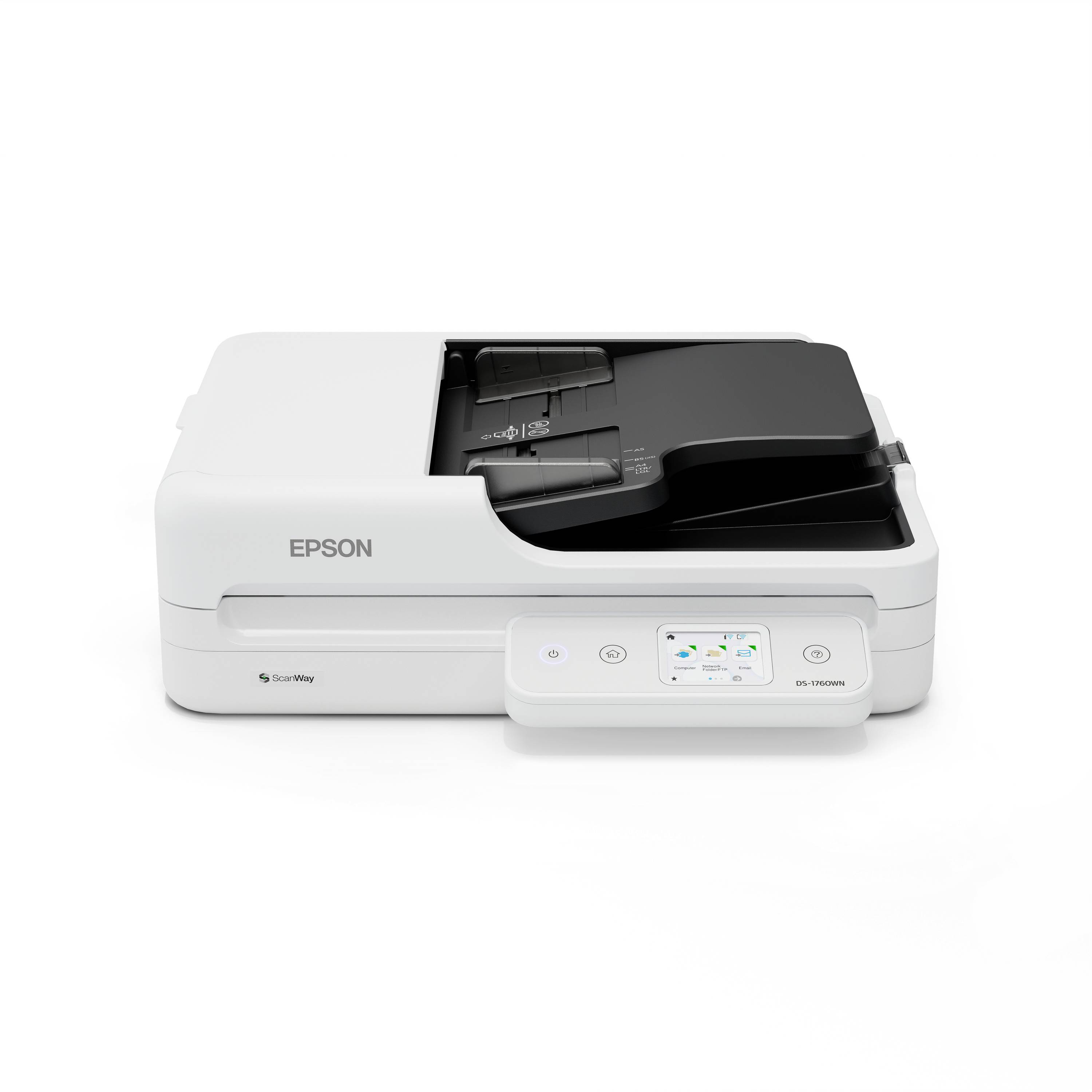 Weißer Epson EcoTank-Drucker mit vorderem Touchscreen und Papierschacht, gezeigt vor einem einfachen weißen Hintergrund.