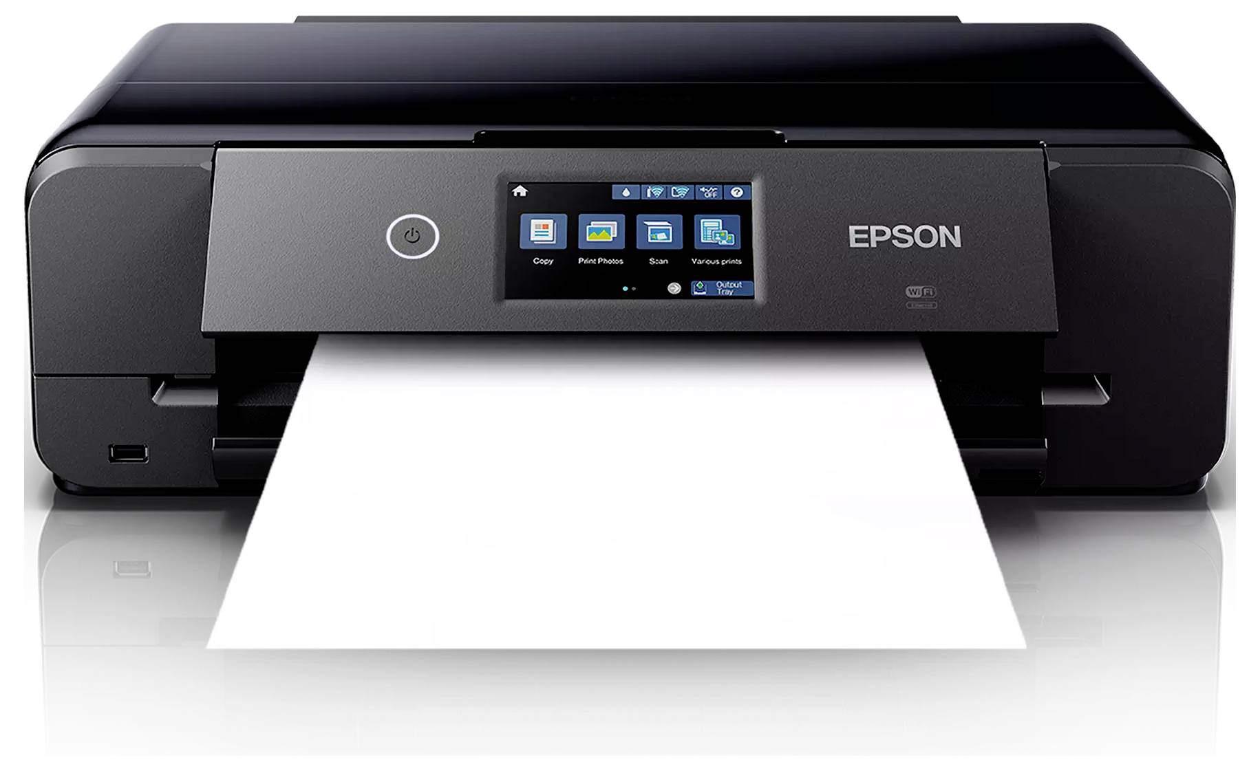 Epson Multifunktions-Tintenstrahldrucker mit Touchscreen-Display und einem bedruckten Blatt Papier.