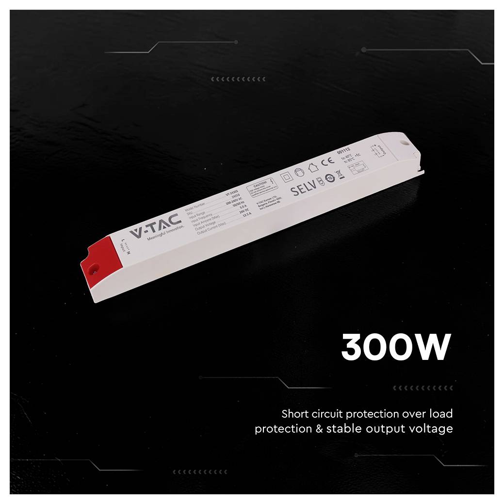 V-TAC SELV 300W LED-Stromversorgung auf schwarzem Hintergrund gezeigt, mit Text, das Kurzschluss- und Überlastschutz sowie stabile Ausgangsspannung hervorhebt.