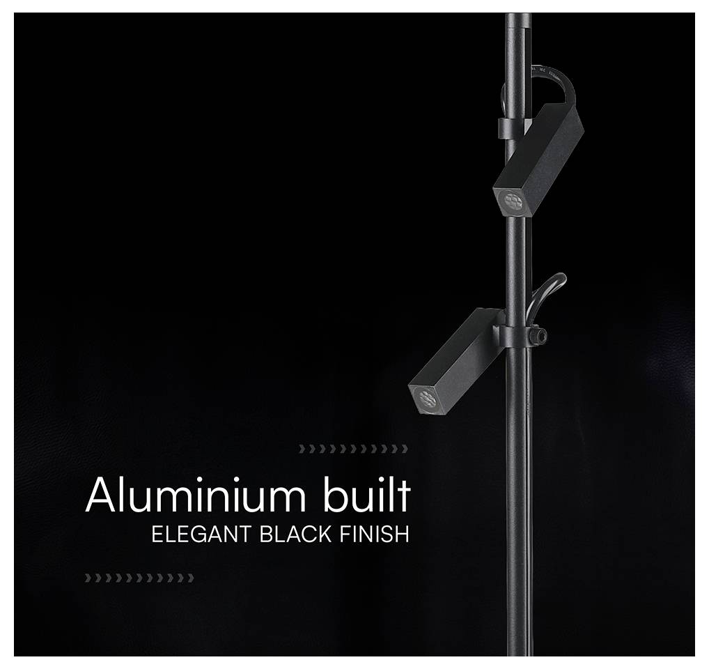 Produktbild einer schwarzen Aluminium-Leuchte auf einem senkrechten Pfosten, mit der Bezeichnung „Aluminium gebaut" und „ELEGANTES SCHWARZES FINISH".