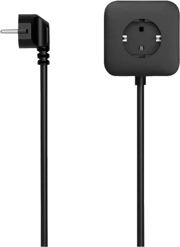 Schwarzes Stromkabel mit rechtem Winkel, europäischem Stecker auf der einen Seite und quadratischem Buchsenadapter auf der anderen Seite.