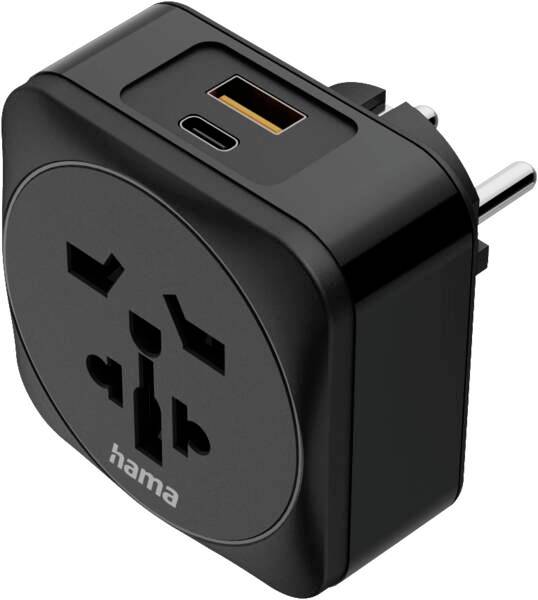 Schwarzer universeller Reiseadapter mit USB-A- und USB-C-Anschlüssen und einer runden Multi-Region-Steckdosenfläche, gekennzeichnet mit 'hama'.