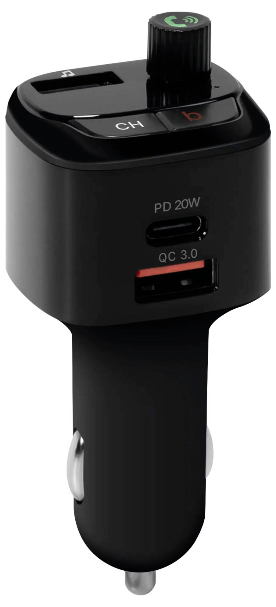Schwarzes Auto-Zigarettenanzünder-Ladegerät mit USB-C PD 20W und USB-A QC 3.0-Anschlüssen, oberer Kontrollknopf und Kanalschalter