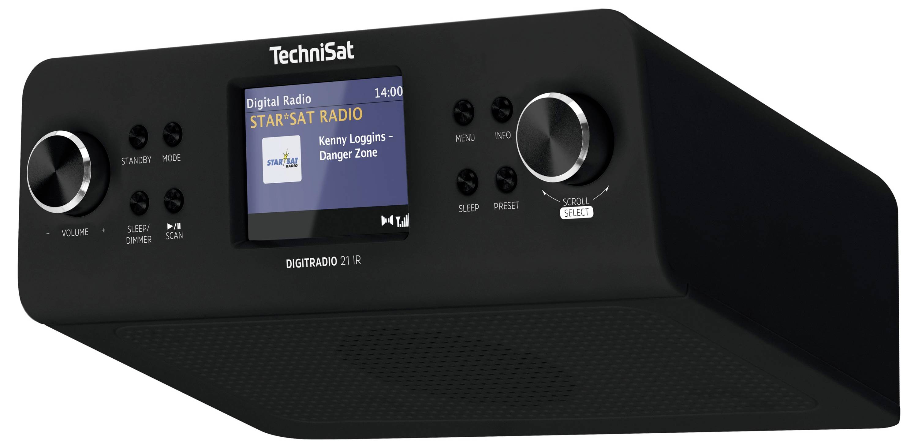Schwarzes TechniSat Digitalradio mit Display, das „STAR SAT RADIO" und einen Titel anzeigt, sowie große Bedienknöpfe und Tasten.