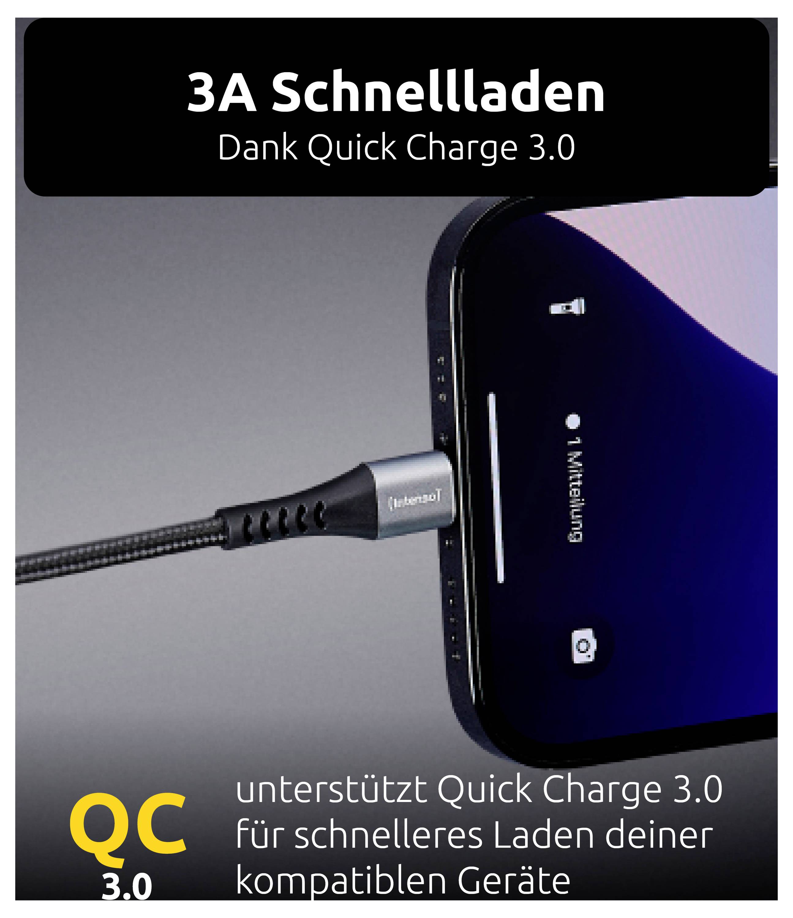 Smartphone mit Ladekabel verbunden, Text zeigt „3A Schnellladen", „Dank Quick Charge 3.0" und „unterstützt Quick Charge 3.0 für schnelleres Laden deiner kompatiblen Geräte".