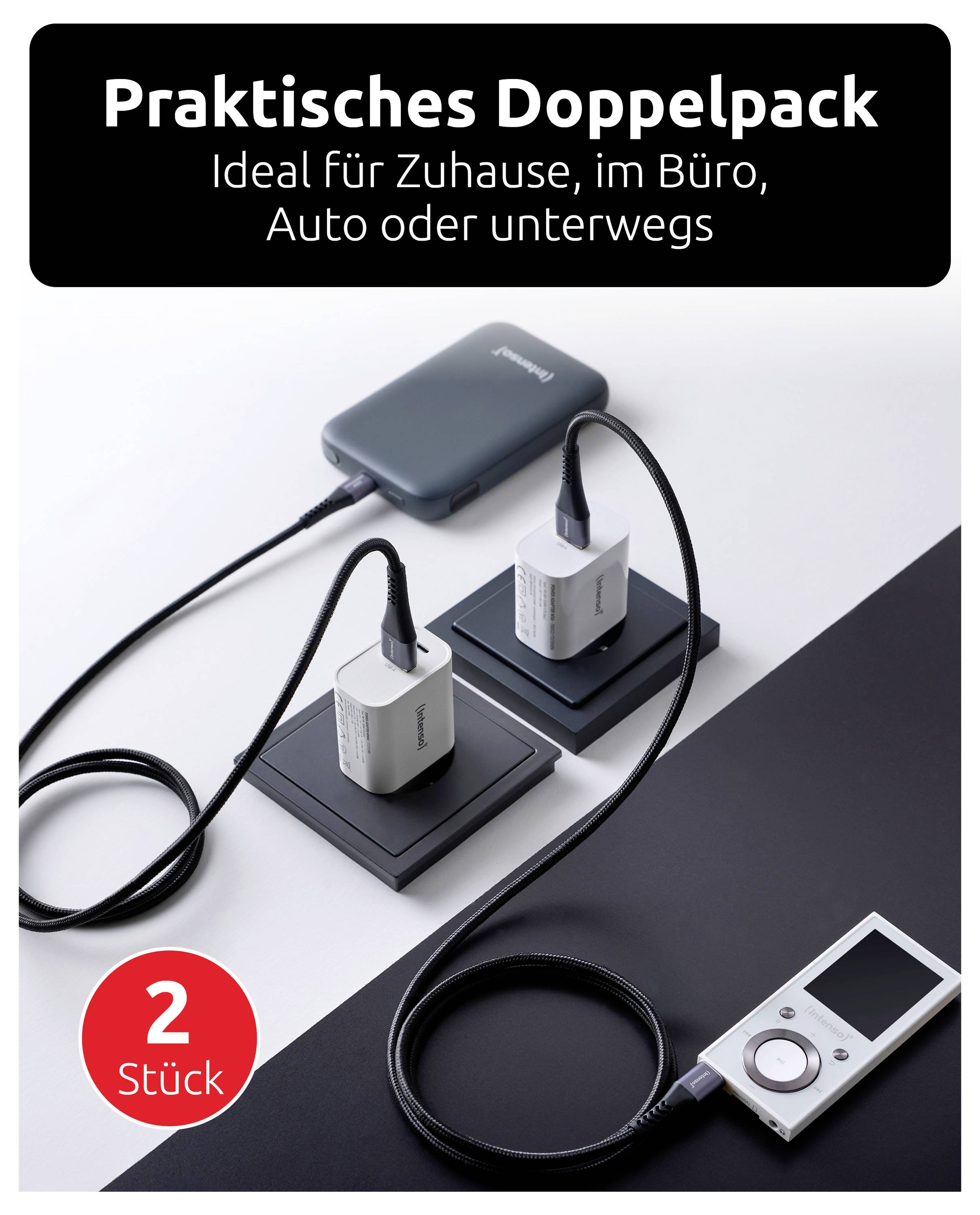 Praktisches Doppelpack<br><br>Zwei kompakte Steckerladegeräte mit Kabeln, plus Powerbank und tragbares Gerät<br><br>Ideal für Zuhause, Büro, Auto oder Reisen.