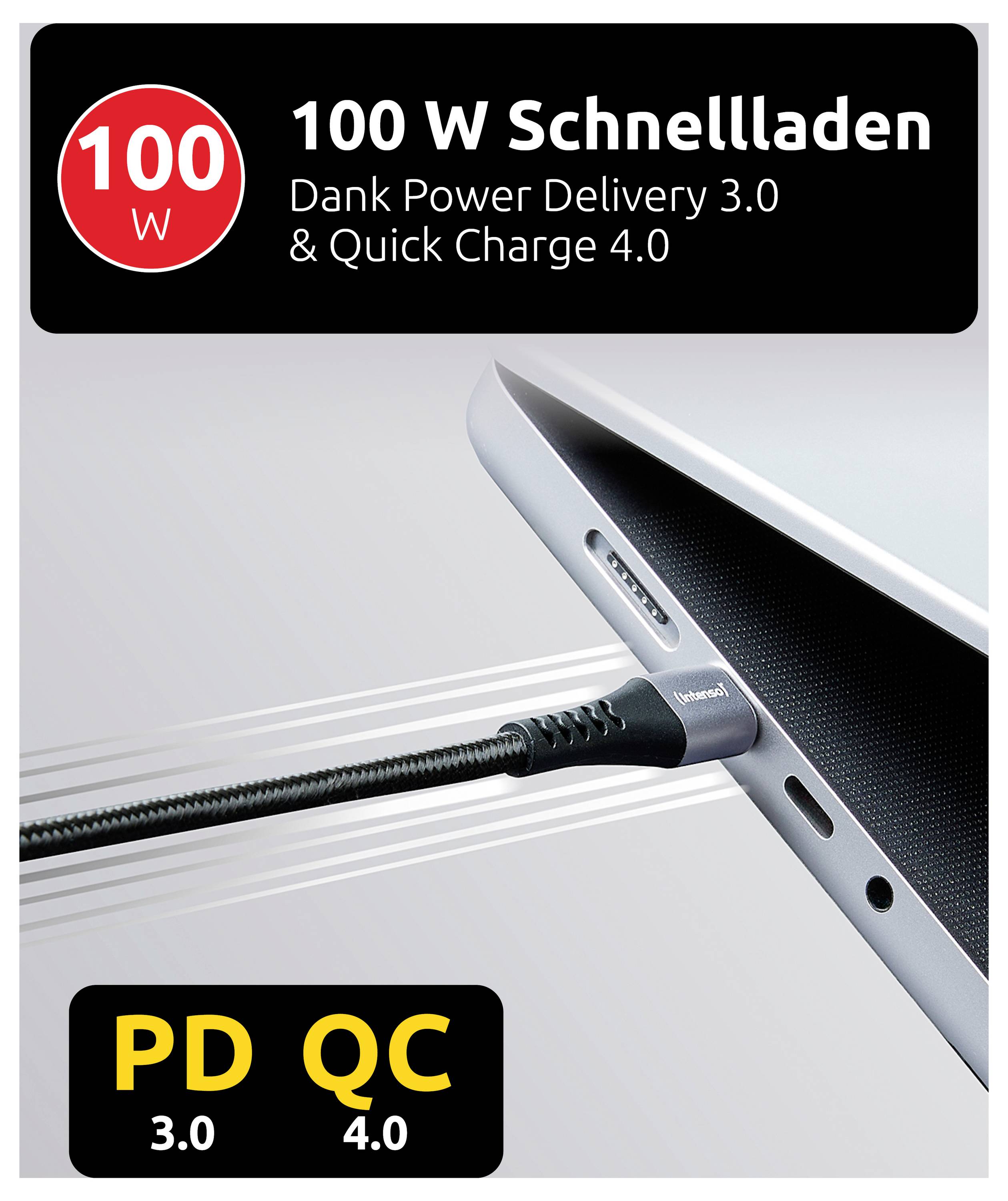 USB-C-Kabel in ein Gerät eingesteckt, das 100-W-Schnellladung mit „Dank Power Delivery 3.0 & Quick Charge 4.0" und „PD QC 3.0 4.0" bewirbt.