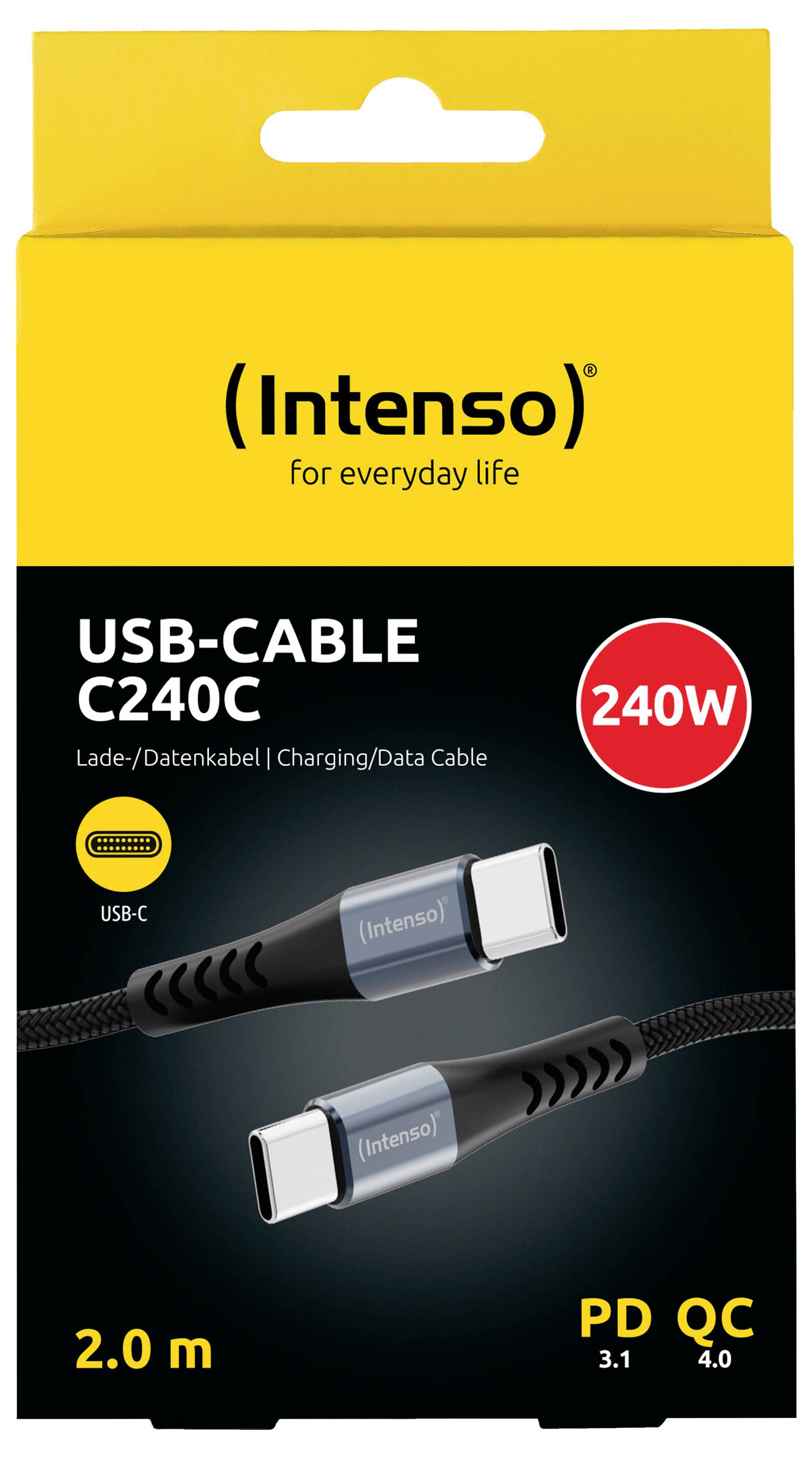 Intenso USB-KABEL C240C Verpackung für ein 2,0 m USB-C Lade-/Datenkabel, gekennzeichnet mit 240W, PD QC 3.1 und 4.0 Unterstützung.