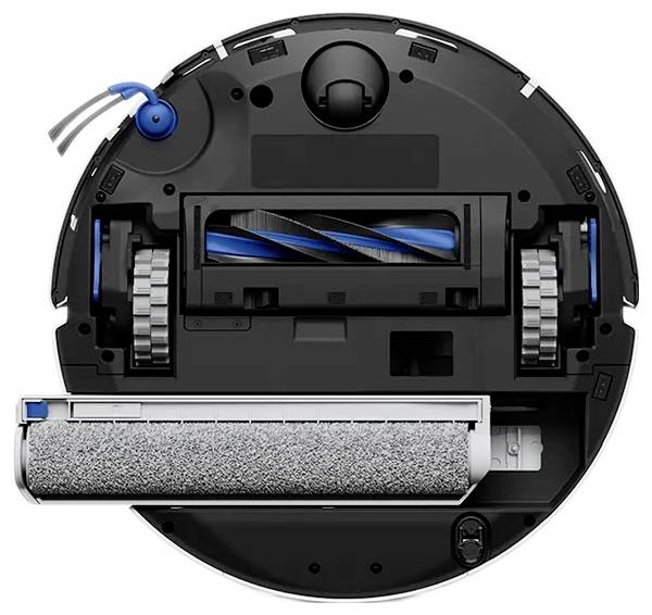 Unterseite eines runden Roboterstaubsaugers mit freigelegten internen Walzen, Rädern und Bürstenmodul.