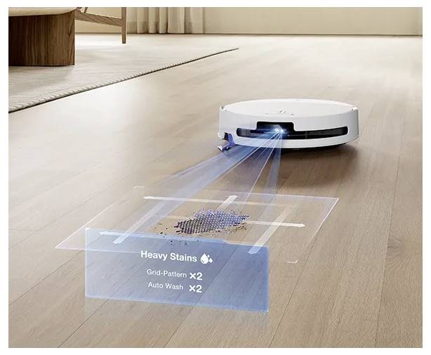 Roboterstaubsauger kartiert einen hartnäckigen Fleck auf einem Holzboden mit überlagert angezeigtem Text, der "Hartnäckige Flecken", "Gittermuster x2" und "Automatische Wäsche x2" liest.