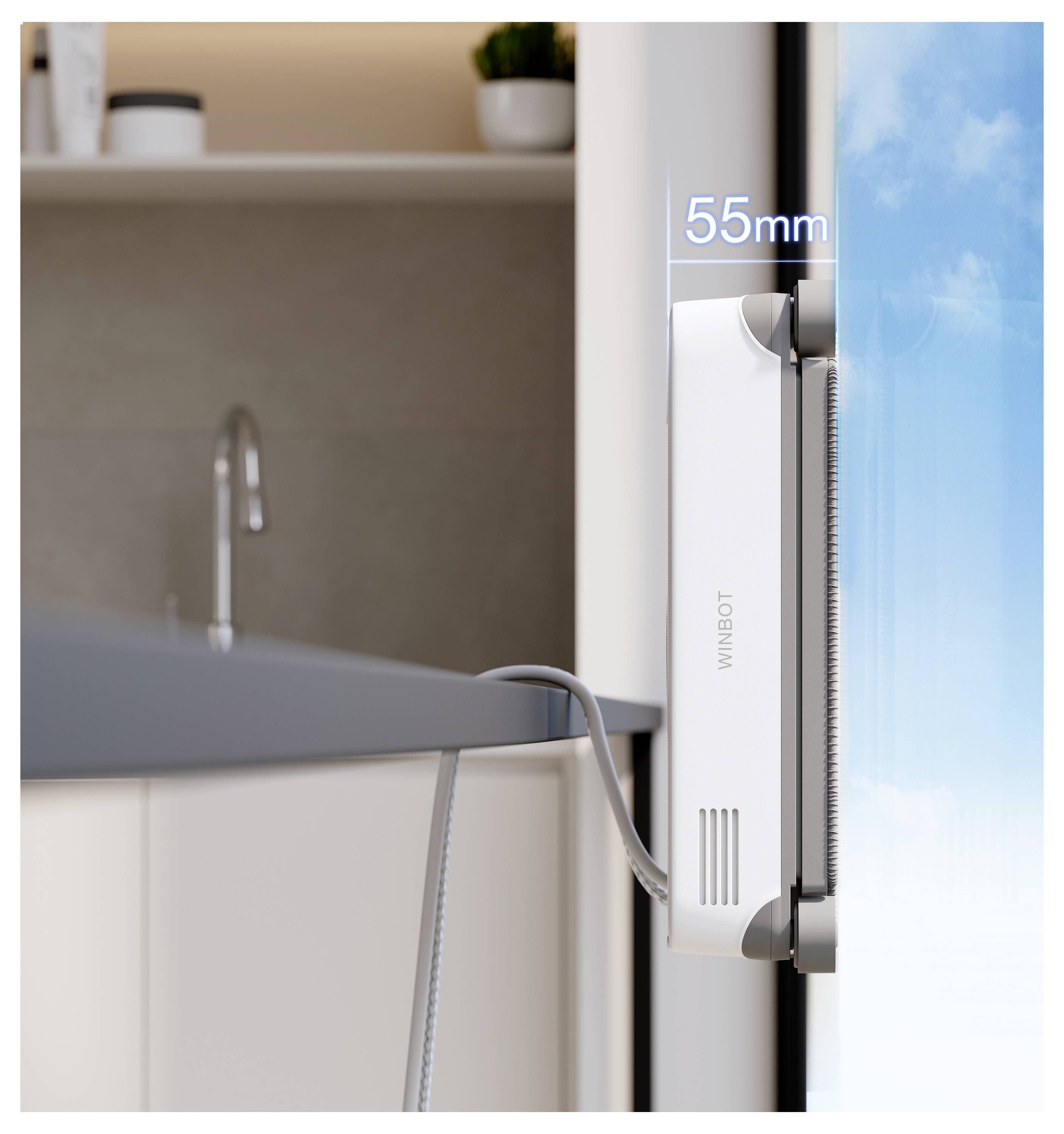 Seitenansicht eines weißen WIMBOT Fensterreinigungs-Roboters an Glas befestigt, mit einem 55 mm schlanken Profil und Kabel