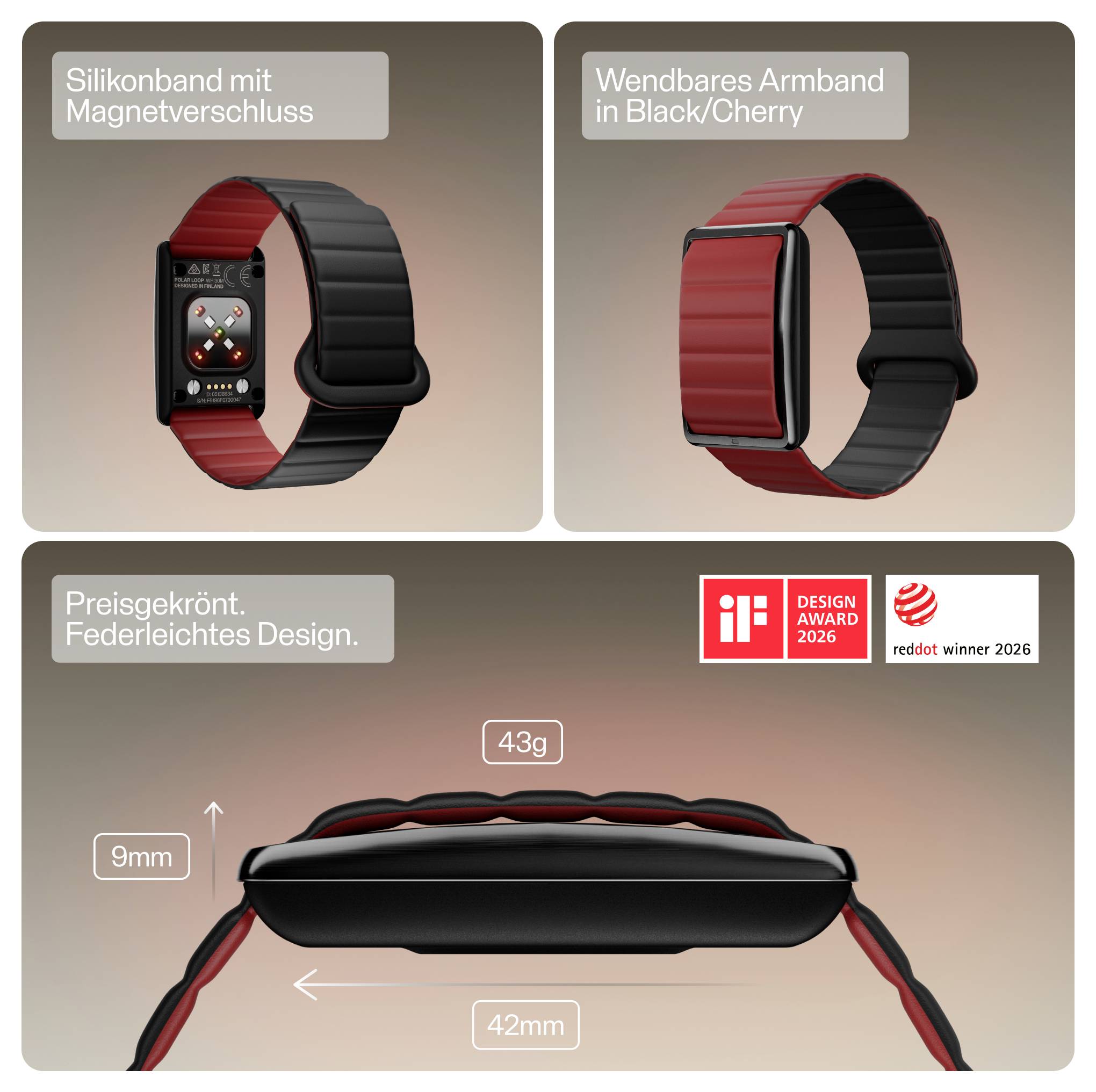 Smartwatch-Angebot mit rot-schwarzem Band: Silikonband mit Magnetverschluss oder klappbarem schwarz/kirschroten Armband, plus leichtes Design mit Abmessungen von 43 g, 42 mm und 9 mm.