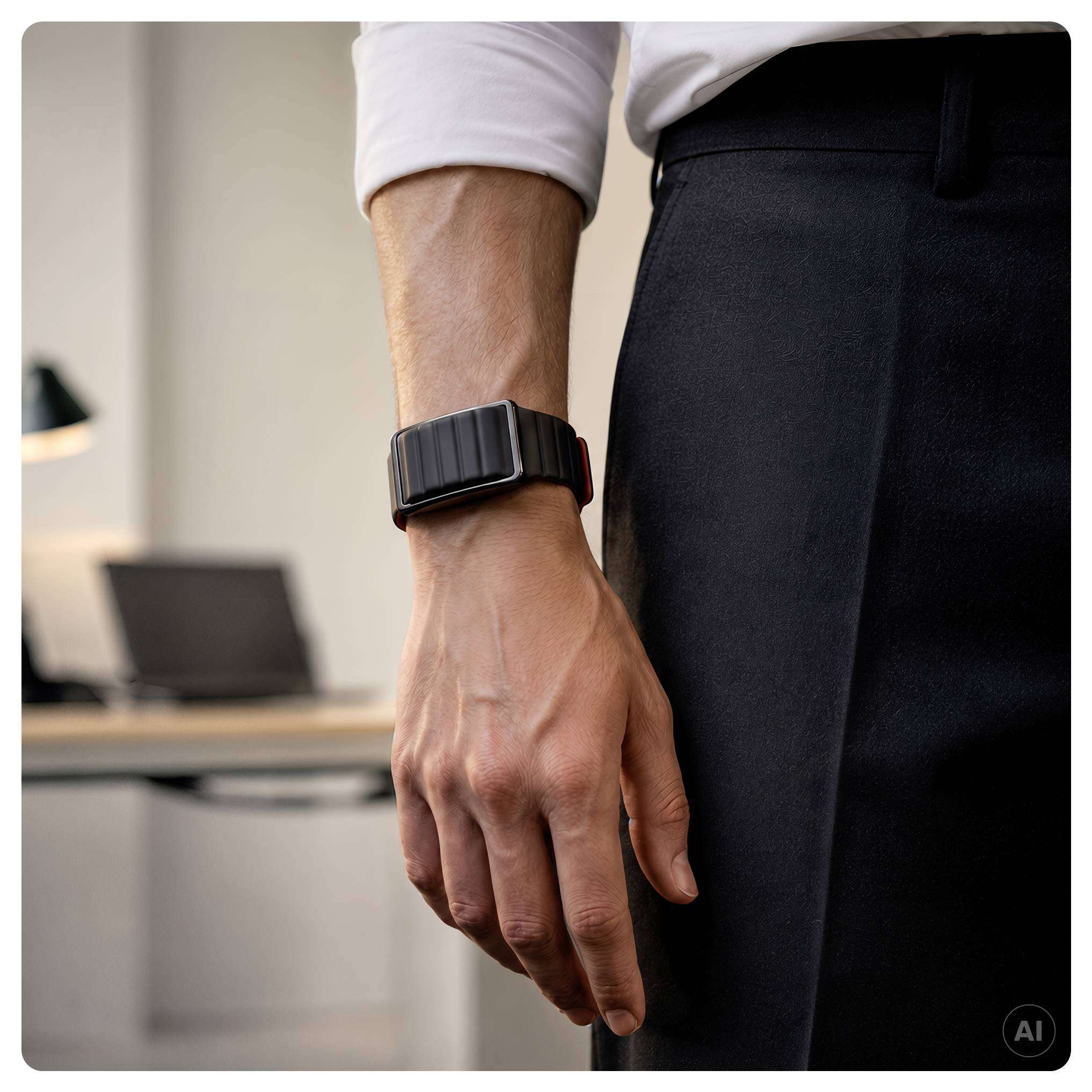 Nahaufnahme einer Person in dunkelgrauer Hose und weißem Hemd, die eine schwarze Smartwatch trägt und drinnen neben einem Schreibtisch steht.