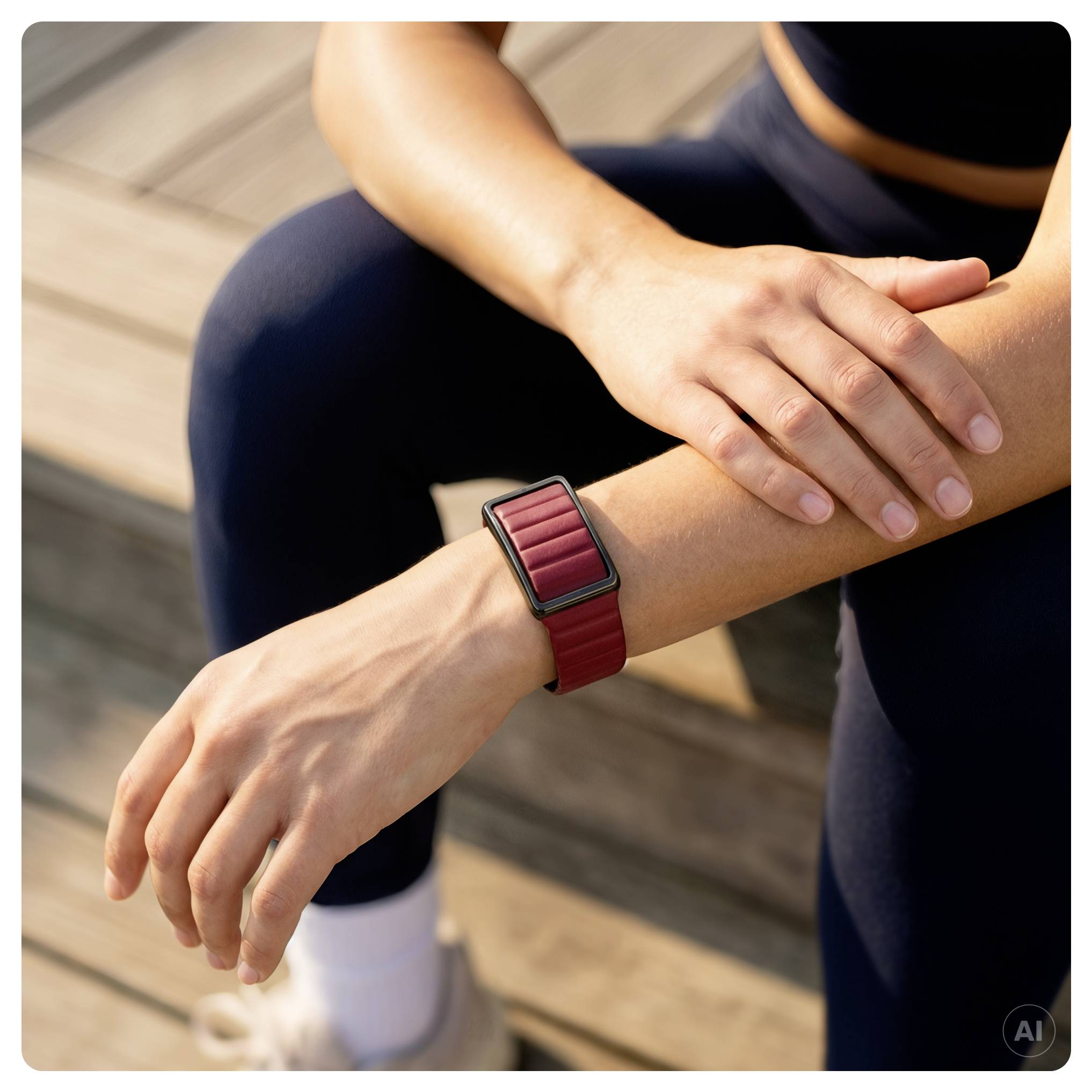 Person sitzt im Freien und überprüft ein rotes Fitness-Tracker-Gerät am Handgelenk, während sie eine Hand auf dem Unterarm abstützt.