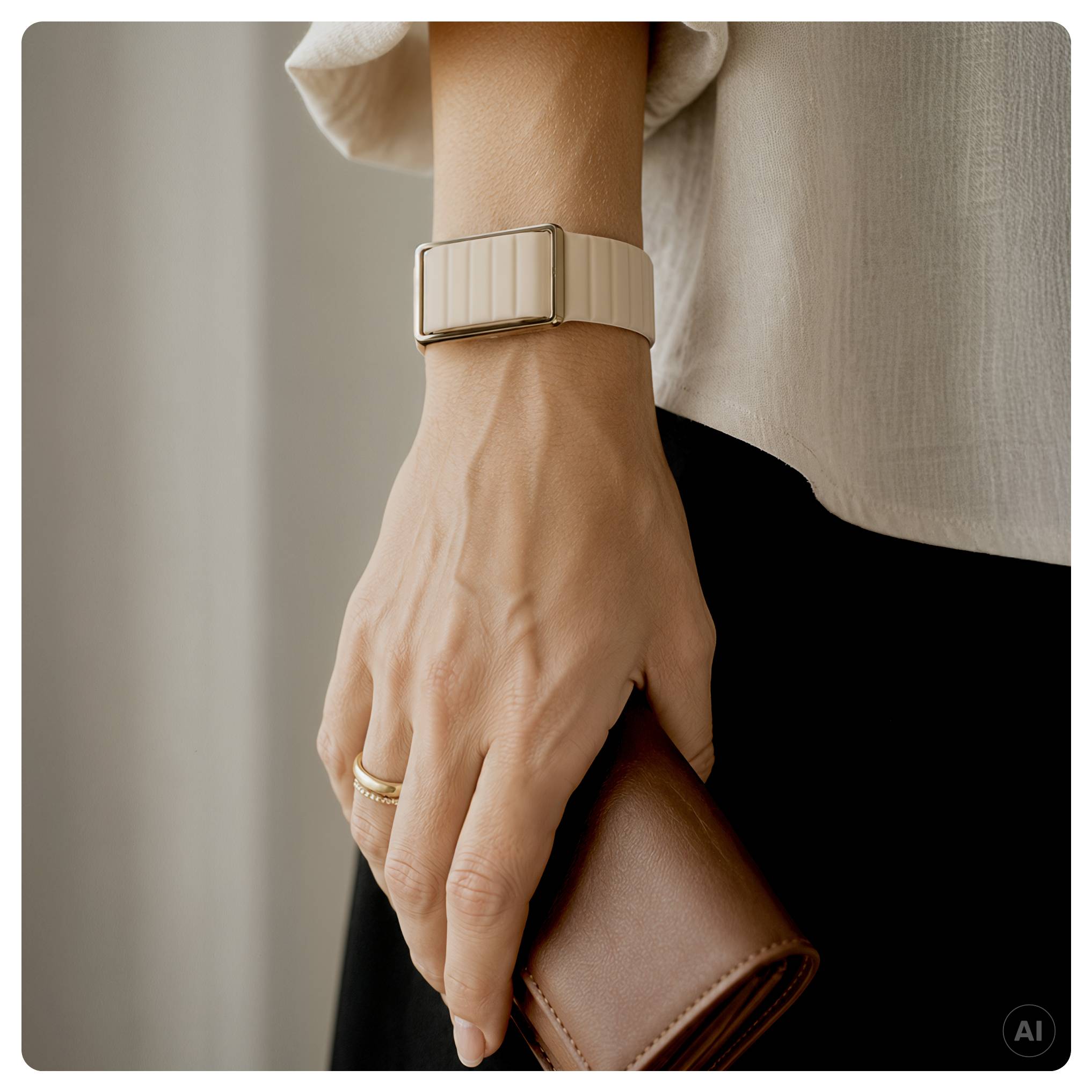 Nahaufnahme einer Hand einer Person, die eine braune Geldbörse hält, mit einer beigefarbenen Smartwatch und einem goldenen Ring vor einem neutralen Hintergrund.