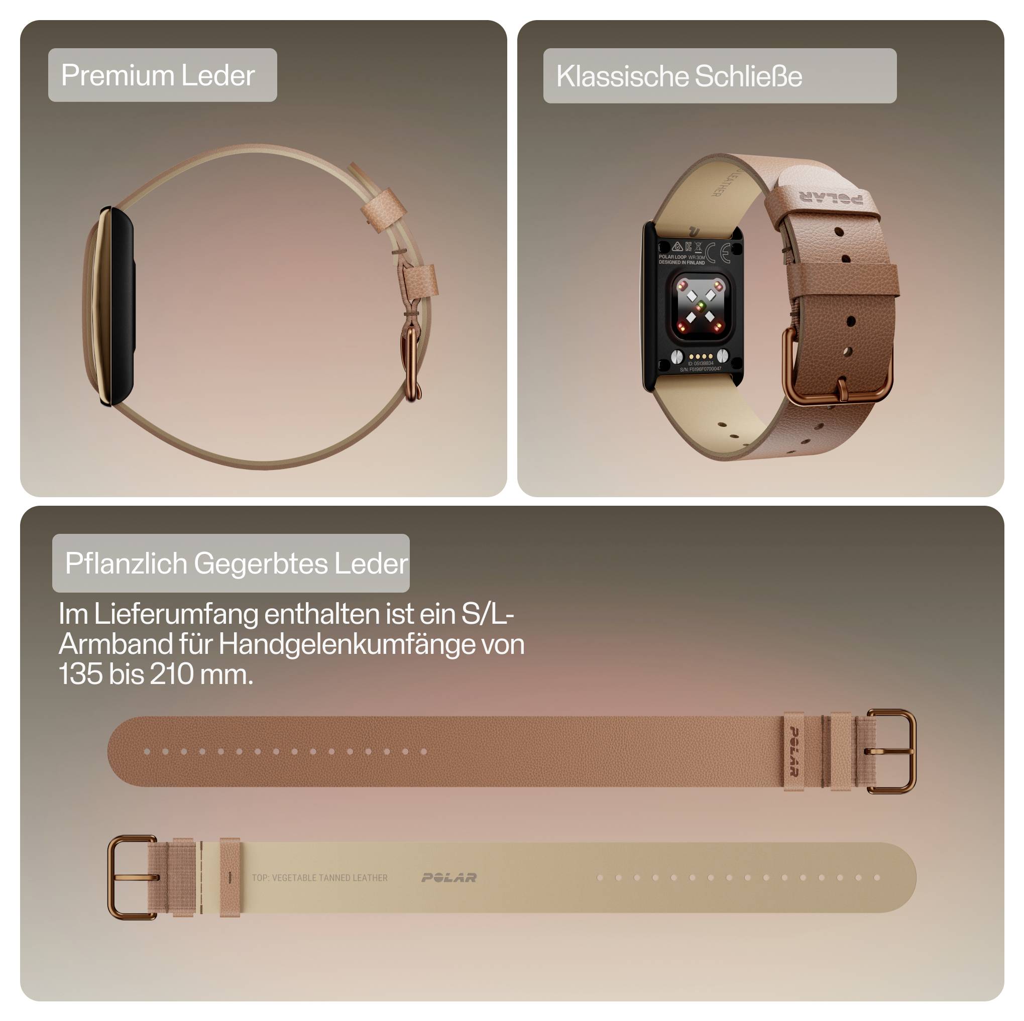 Drei Ansichten eines braunen Lederarmbands für eine Smartwatch, das hochwertiges Leder, eine klassische Schnalle und im Lieferumfang enthaltene S/L-Armbänder für Handgelenke von 135–210 mm zeigt.