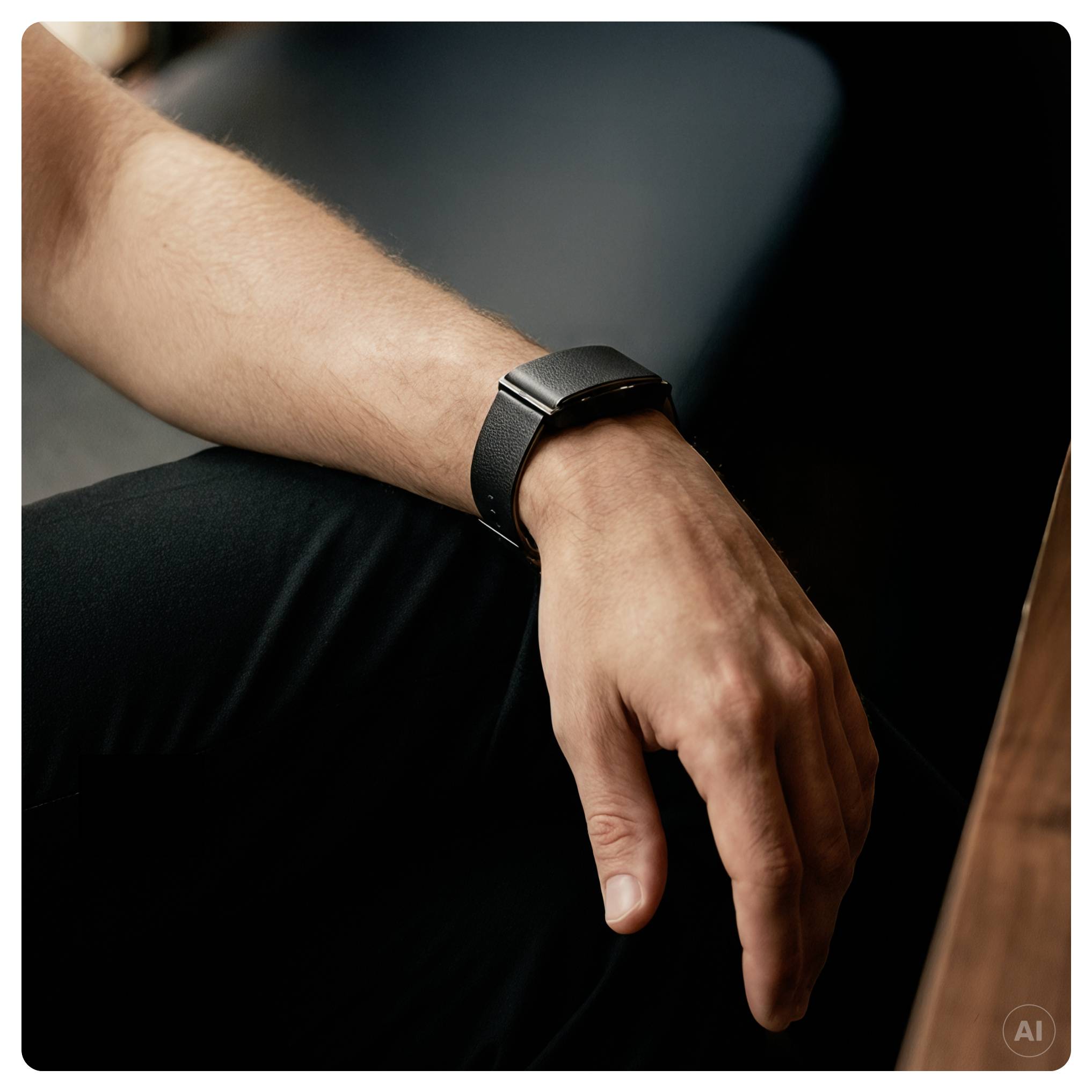 Nahaufnahme einer Hand und eines Handgelenks einer Person, die eine schwarze Smartwatch oder ein Fitness-Armband vor dunklem Hintergrund trägt.