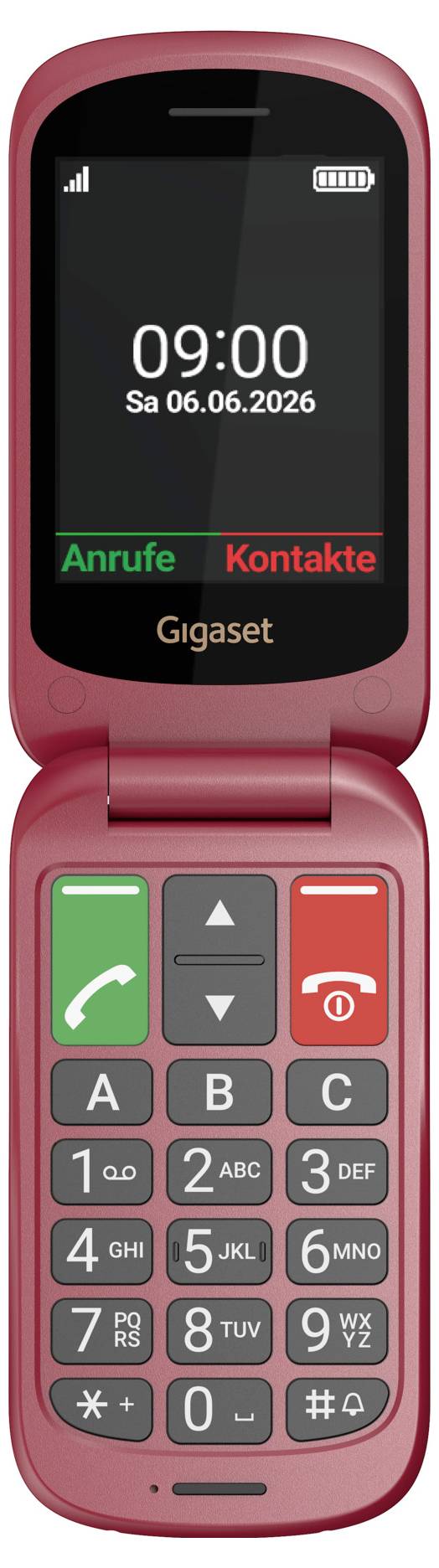 Rotes Klapptelefon mit Anzeige von 09:00, Sa 06.06.2026 auf dem Bildschirm, mit sichtbaren Beschriftungen für Anrufe und Kontakte sowie Tastaturtasten