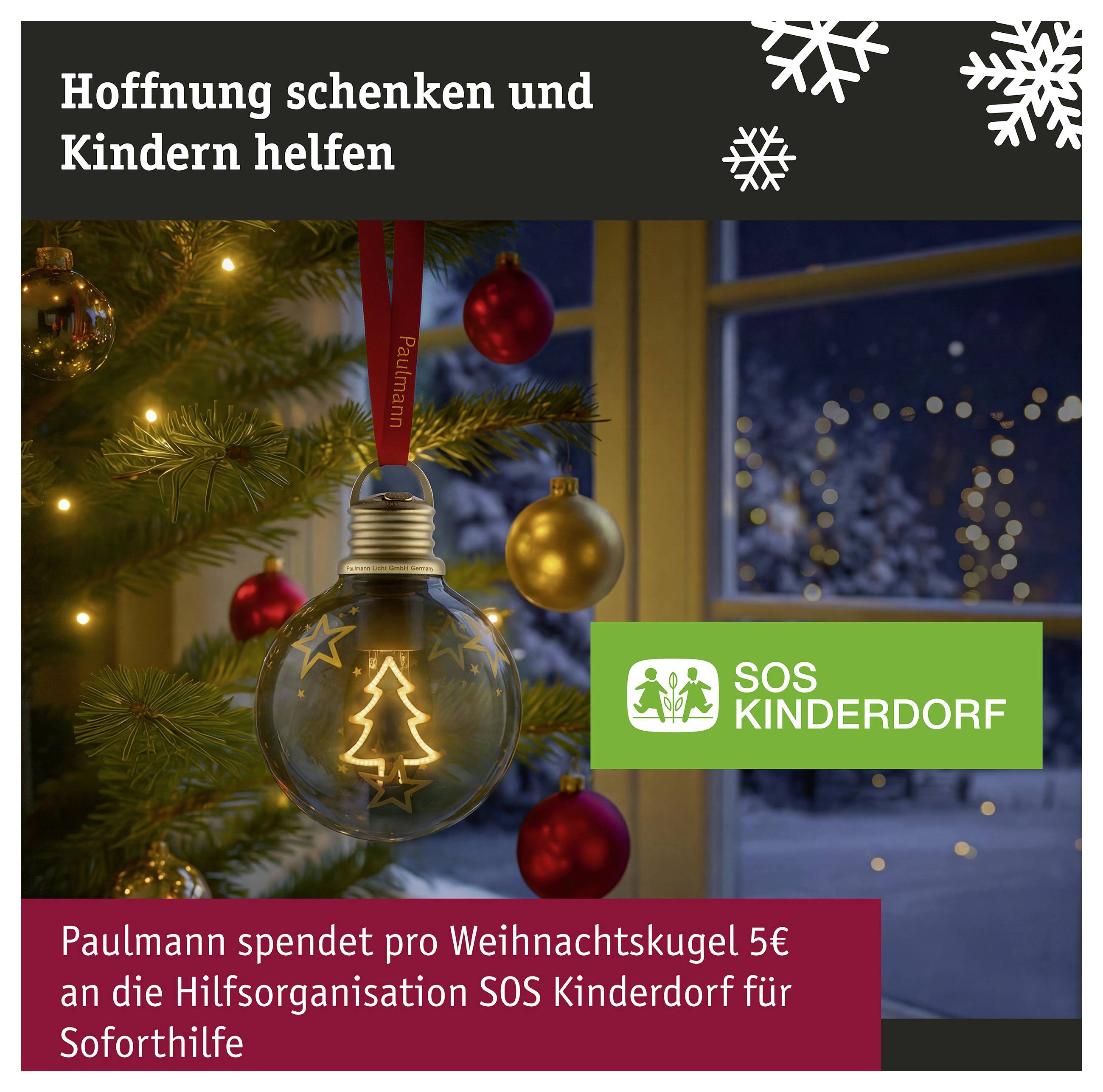 Weihnachtswerbeanzeiage mit einer Paulmann-Glühbirnen-Weihnachtskugel an einem Baum, mit dem Text „Hoffnung schenken und Kindern helfen" und „Paulmann spendet pro Weihnachtskugel 5EUR an die Hilfsorganisation SOS Kinderdorf für Soforthilfe".