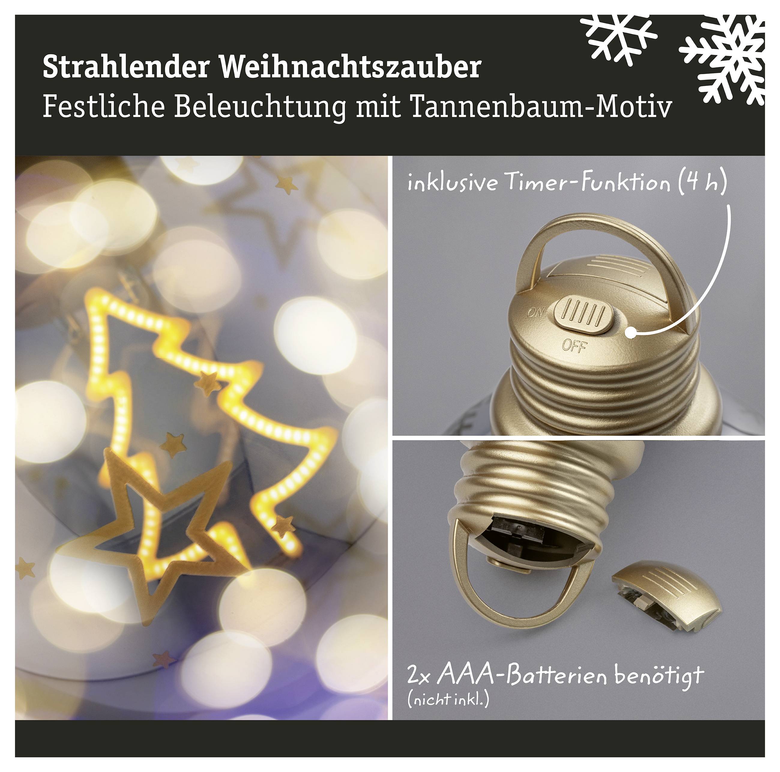 Advents-Baumförmige LED-Lichtdekoration in Gold mit Timer-Funktion und 2 AAA-Batterien erforderlich; zeigt beleuchtete Baumsilhouette und Batteriefach.