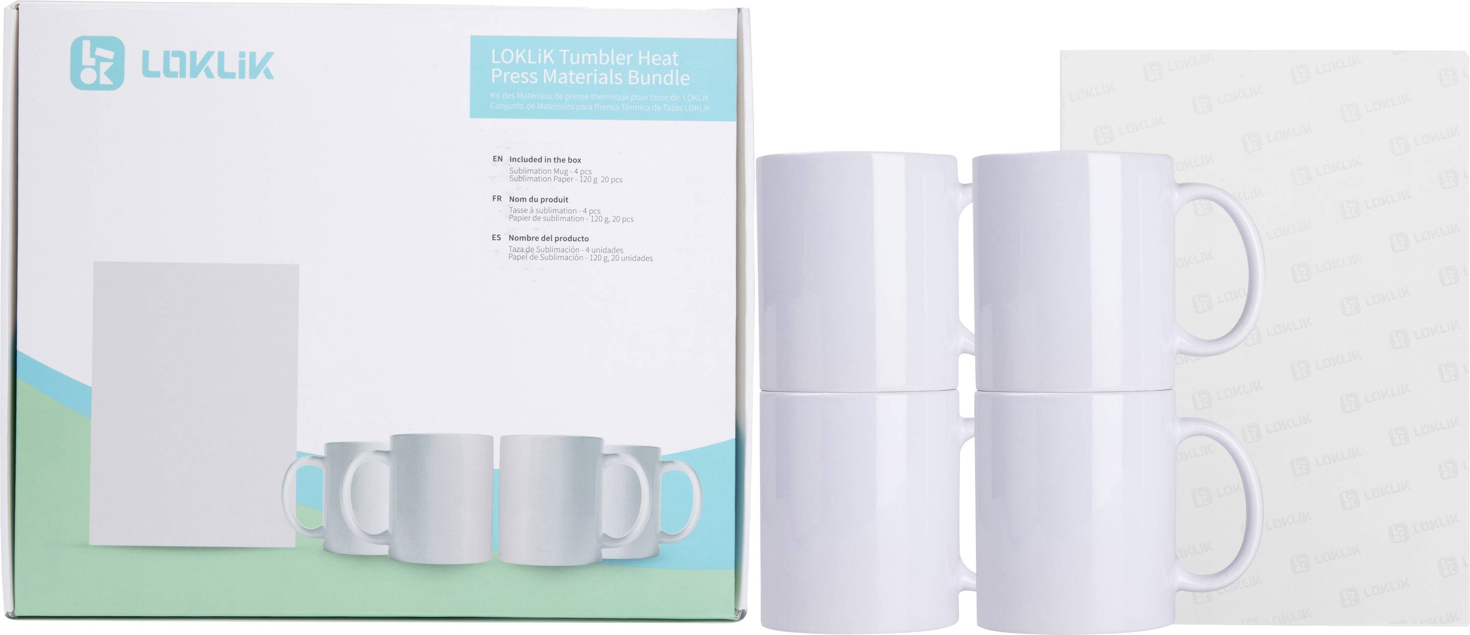 Produktbox für das LOKLIK Tumbler Heat Press Materials Bundle, gezeigt mit vier weißen Bechern und einem großen leeren Transferblatt.