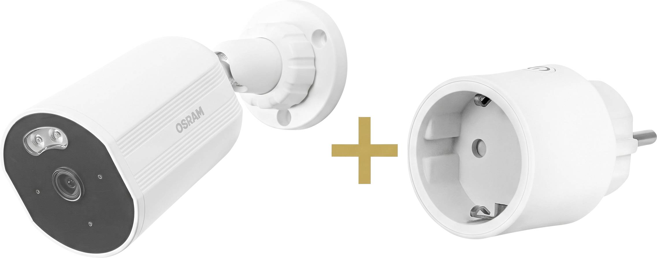 Weiße Außensicherheitskamera und kompatibier Wandstecker-Adapter, die mit einem Pluszeichen angezeigt werden und angeben, dass das Kamera-Set den Stromanschluss enthält.