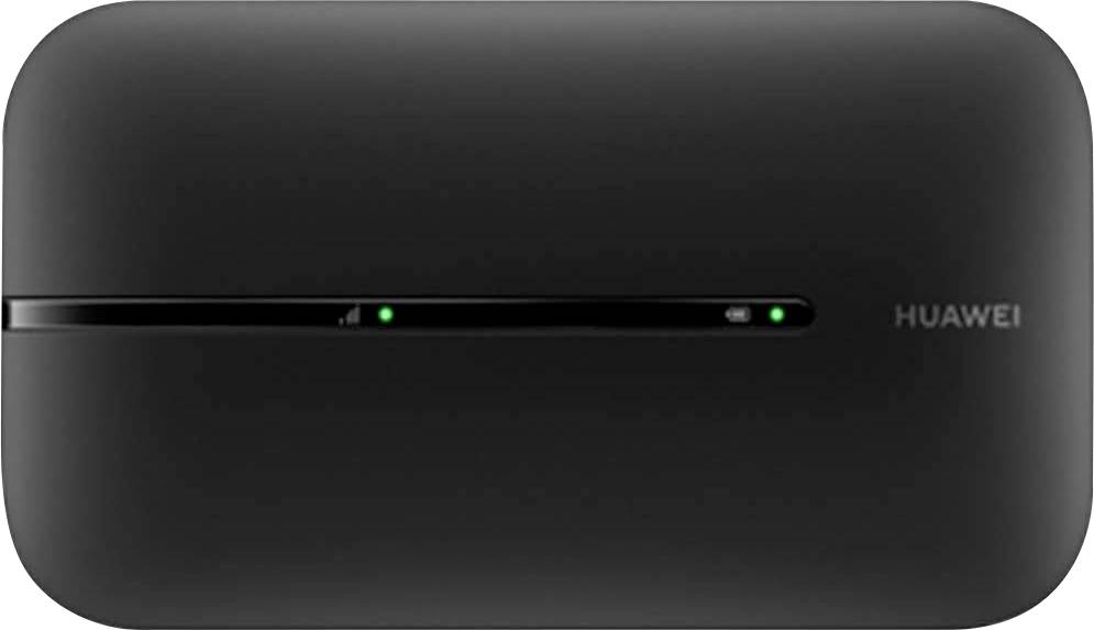 Schwarzer Huawei-WLAN-Router mit zwei grünen Statusleuchten auf der Vorderseite.