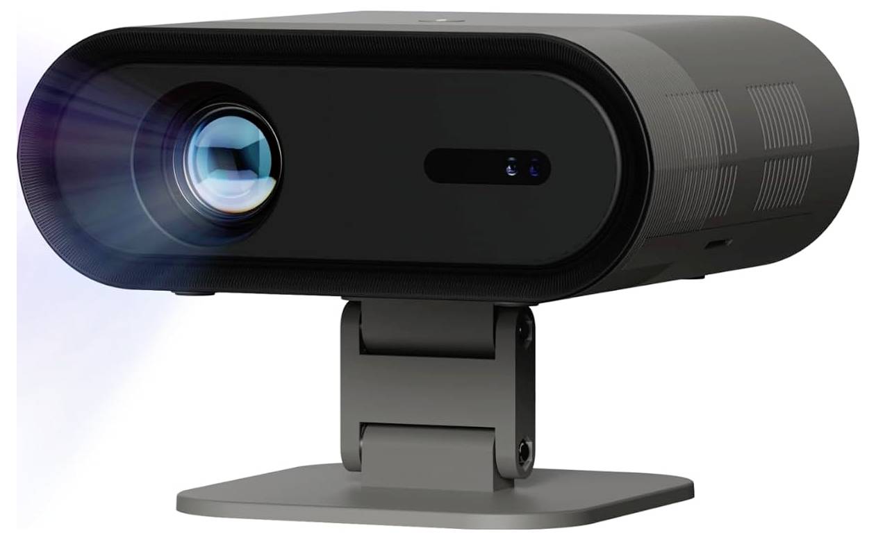 Schwarze Webcam oder Kameraeinheit auf einem Ständer, Vorderansicht mit prominenter Linse auf weißem Hintergrund.