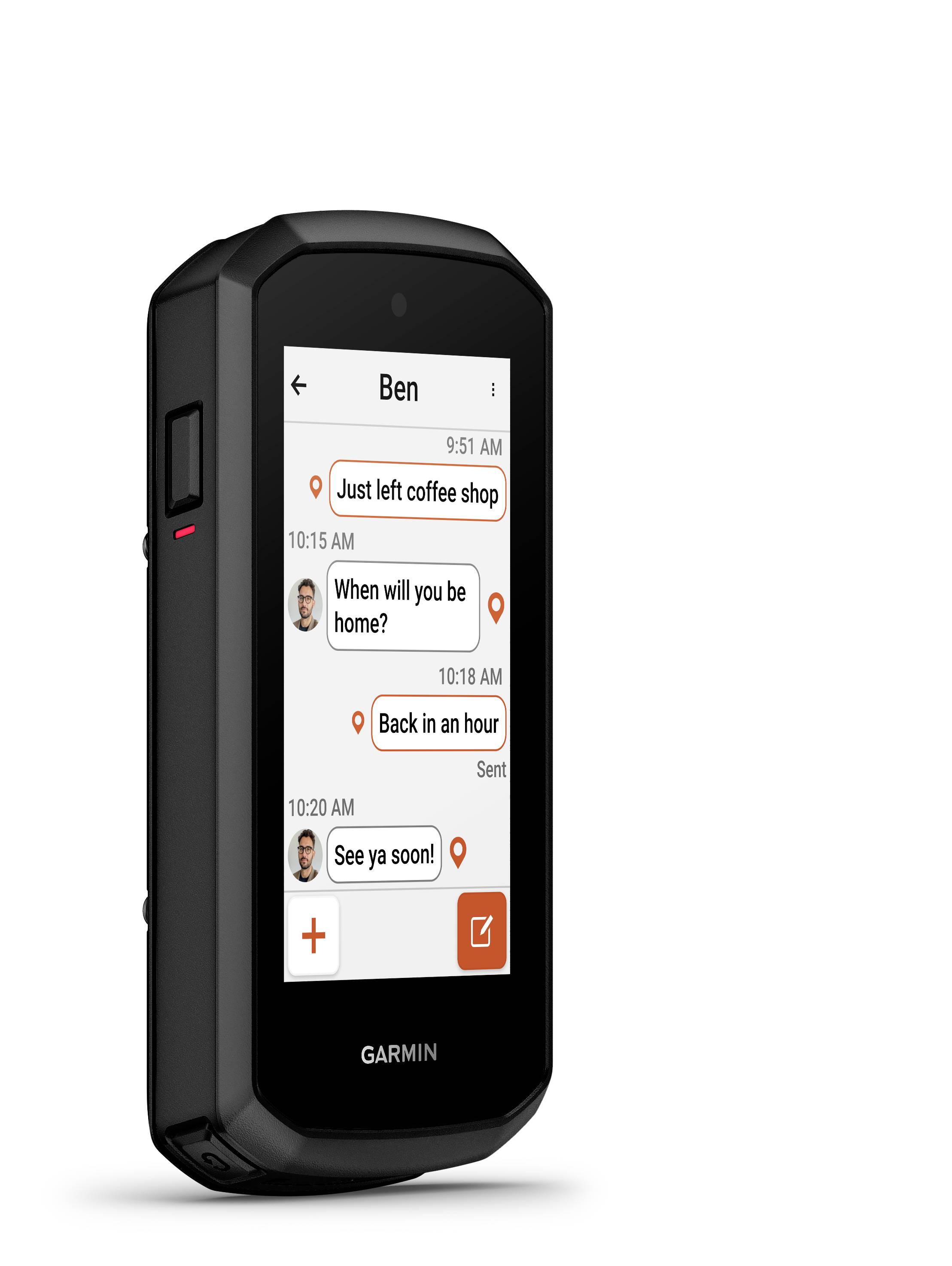 Garmin-Touchscreen-Gerät mit einer Nachrichtenkonversation mit Ben, einschließlich Chat-Blasen und Schaltflächen zum Senden/Hinzufügen auf dem Bildschirm.