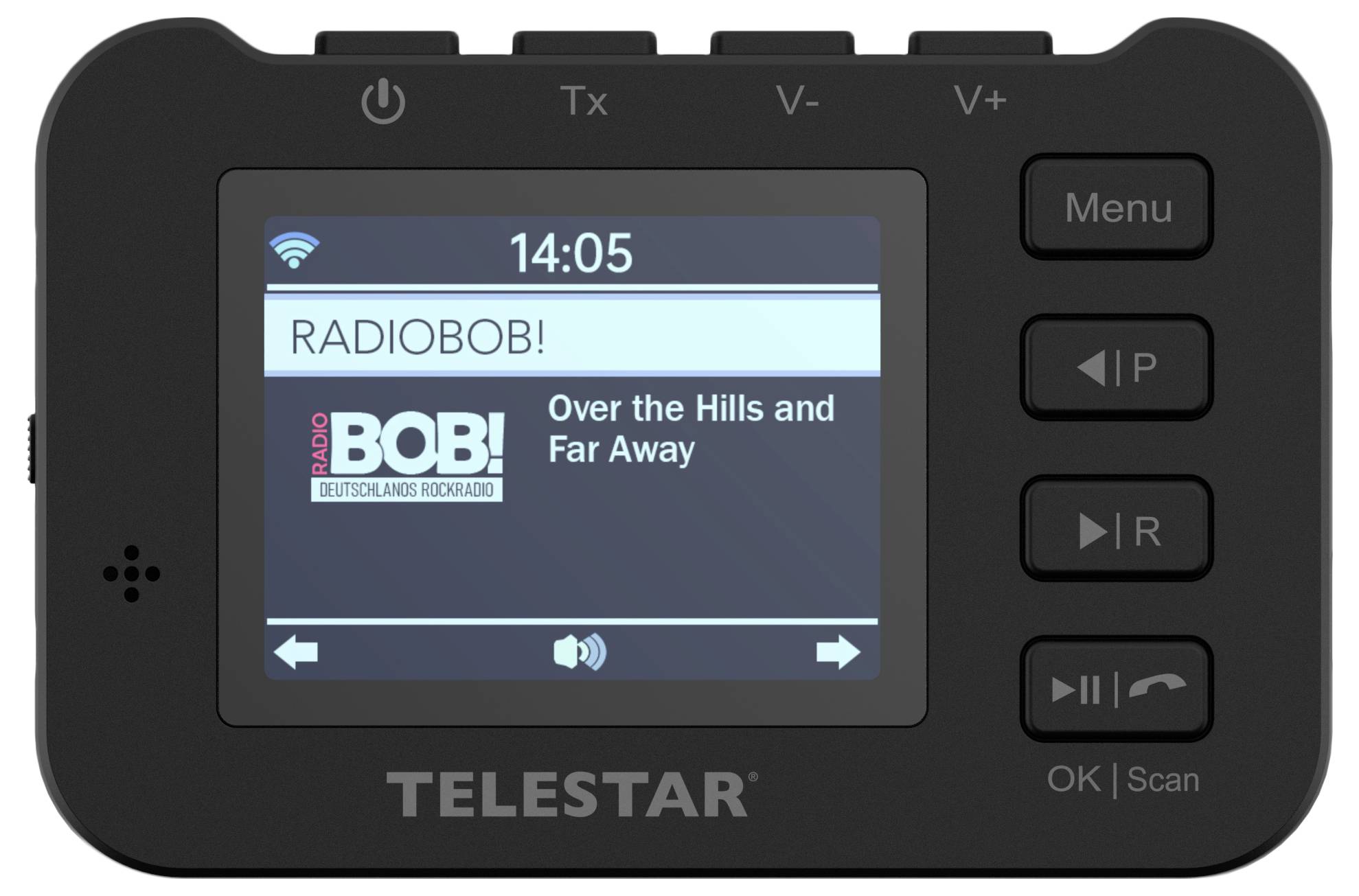Tragbares Telestar-Radio mit Display, das den Sender „RADIOBOB!" und das Programm „Over the Hills and Far Away" um 14:05 Uhr zeigt, mit Wiedergabe- und Menütasten neben dem Bildschirm.