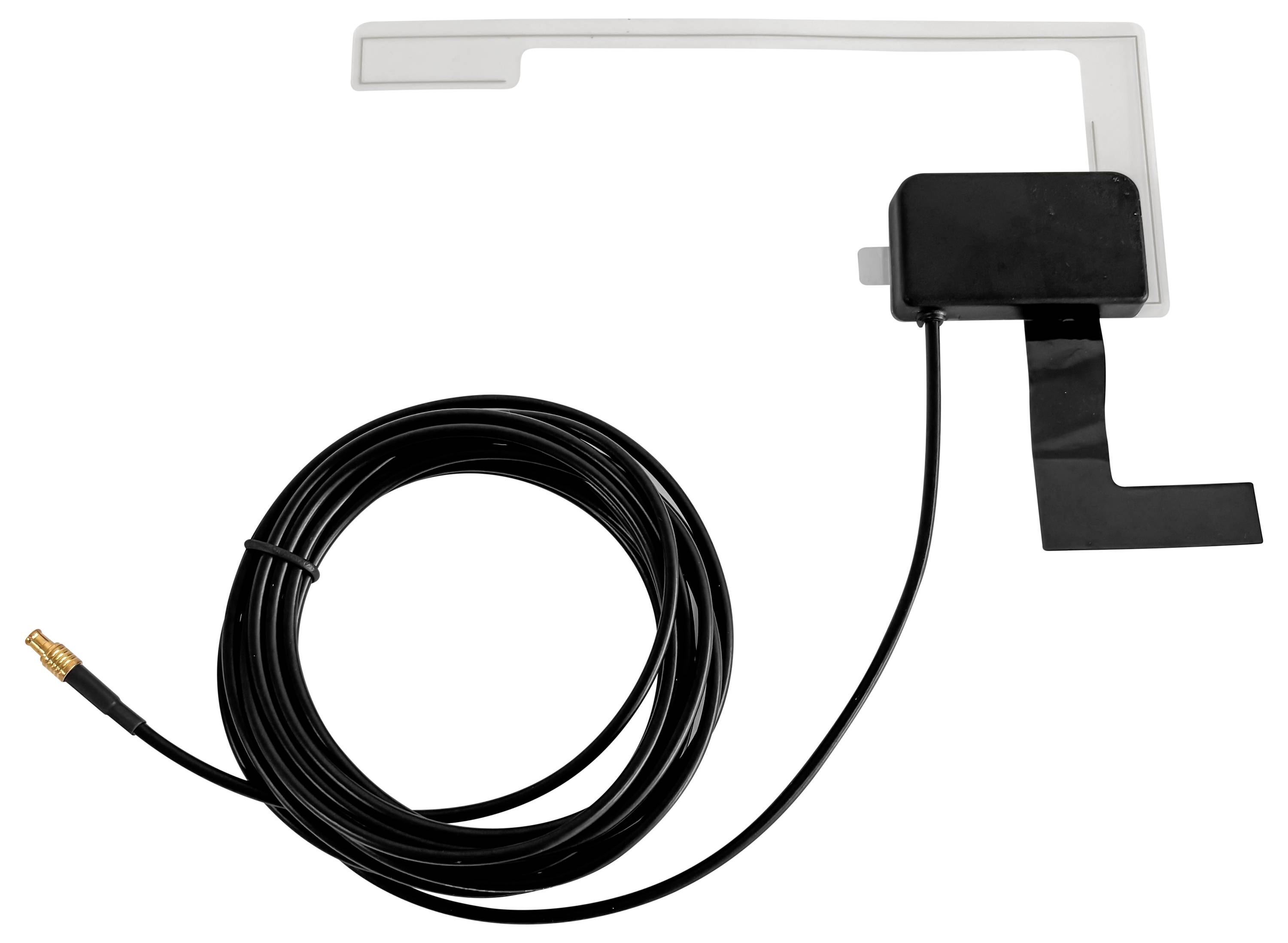 Kleine schwarz-weiße Antenne mit langem gewickeltem Kabel und Stecker, auf schlicht strukturiertem Hintergrund dargestellt.